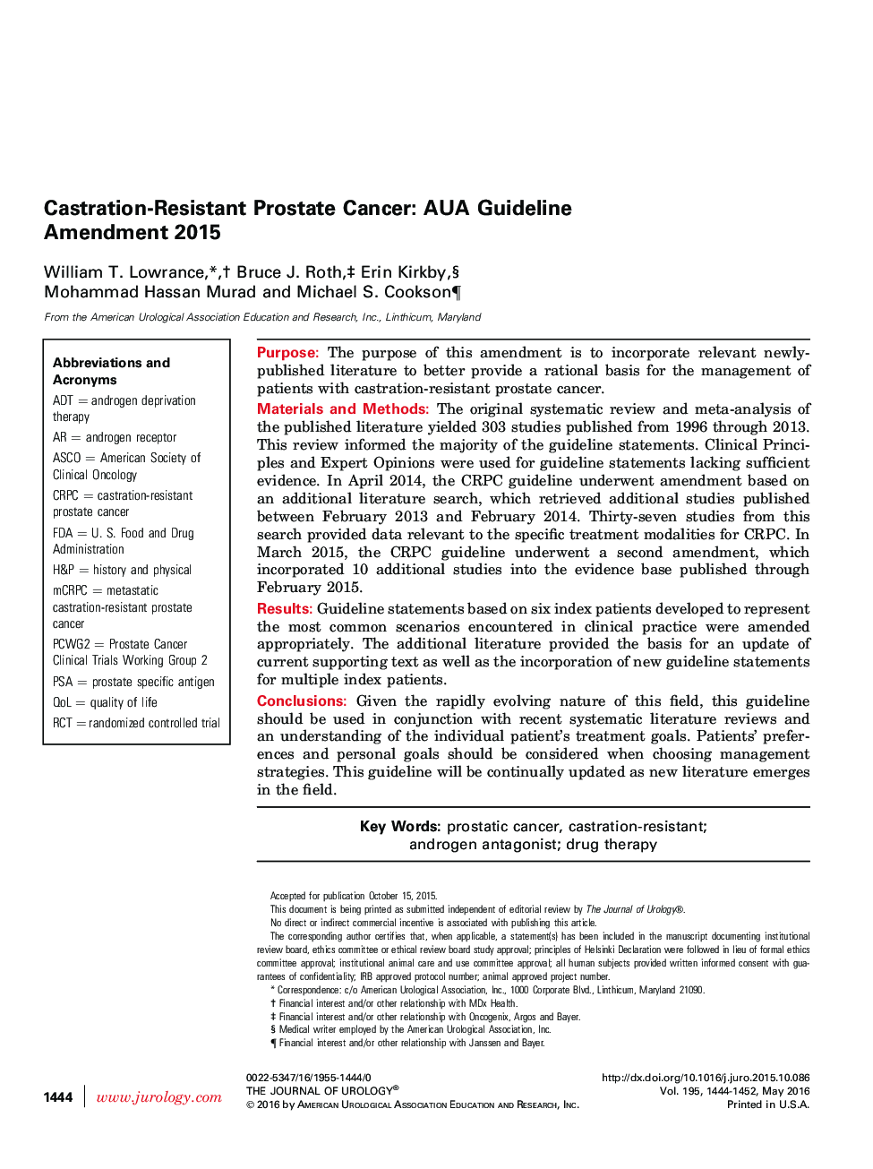 Castration-Resistant Prostate Cancer: AUA Guideline Amendment 2015 