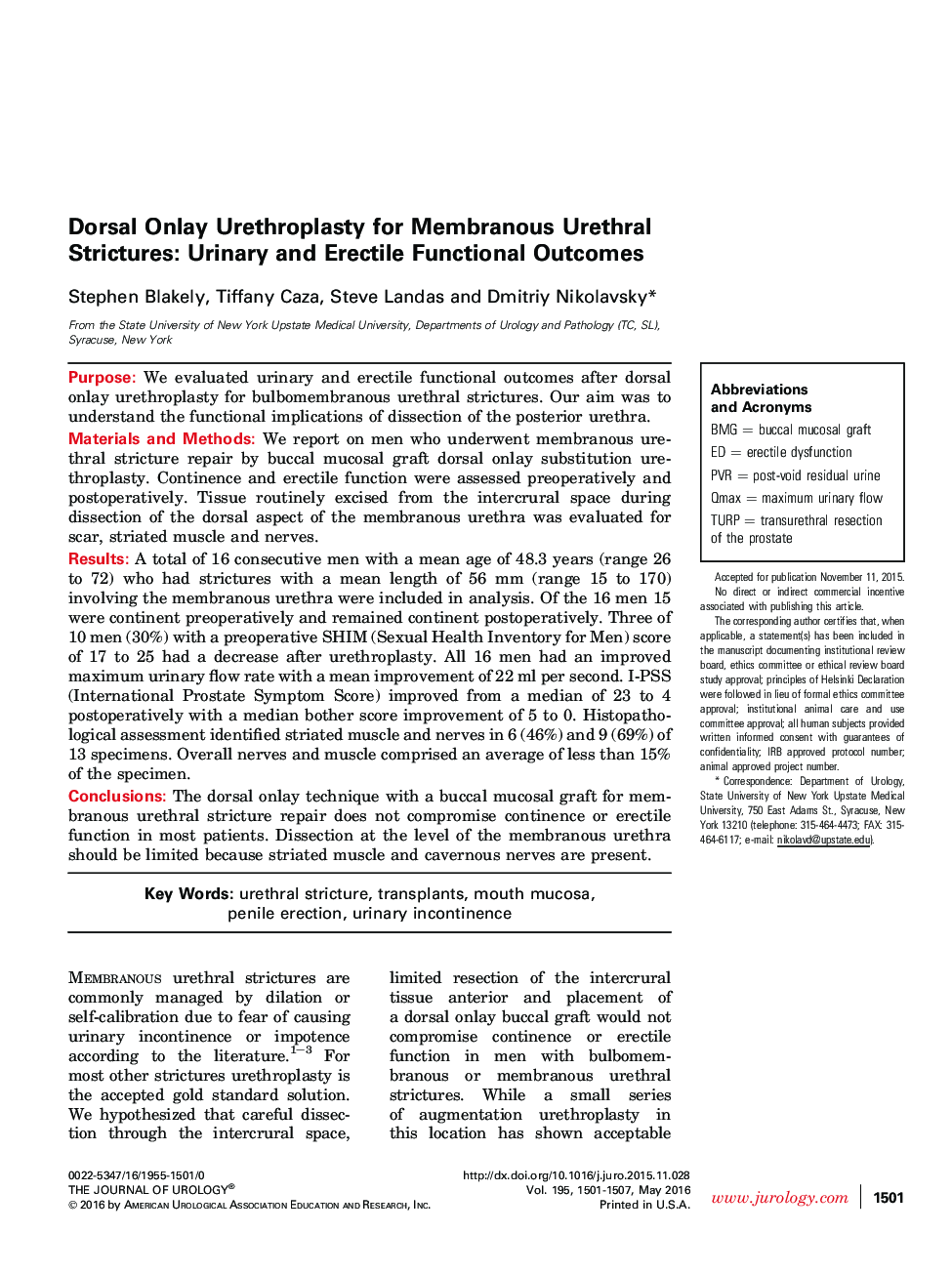 Dorsal Onlay Urethroplasty for Membranous Urethral Strictures: Urinary and Erectile Functional Outcomes 