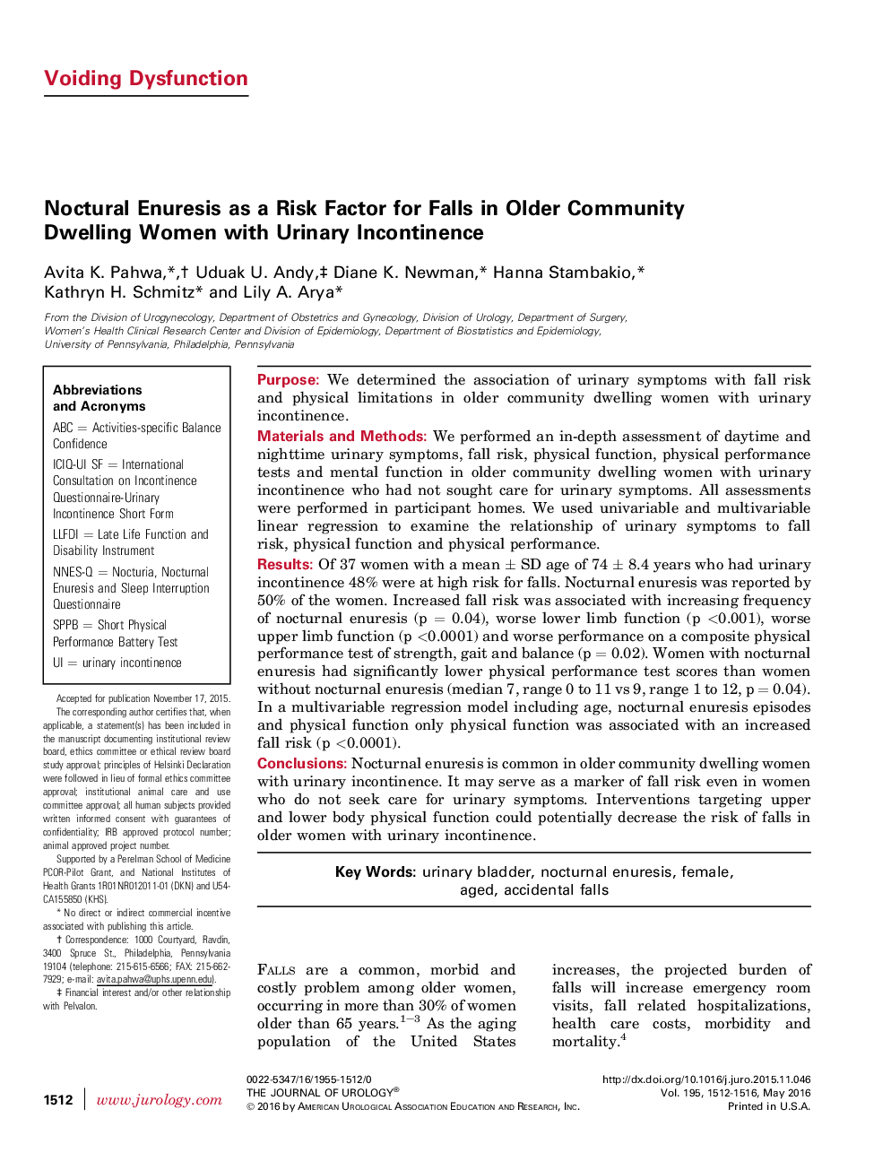 Noctural Enuresis as a Risk Factor for Falls in Older Community Dwelling Women with Urinary Incontinence 