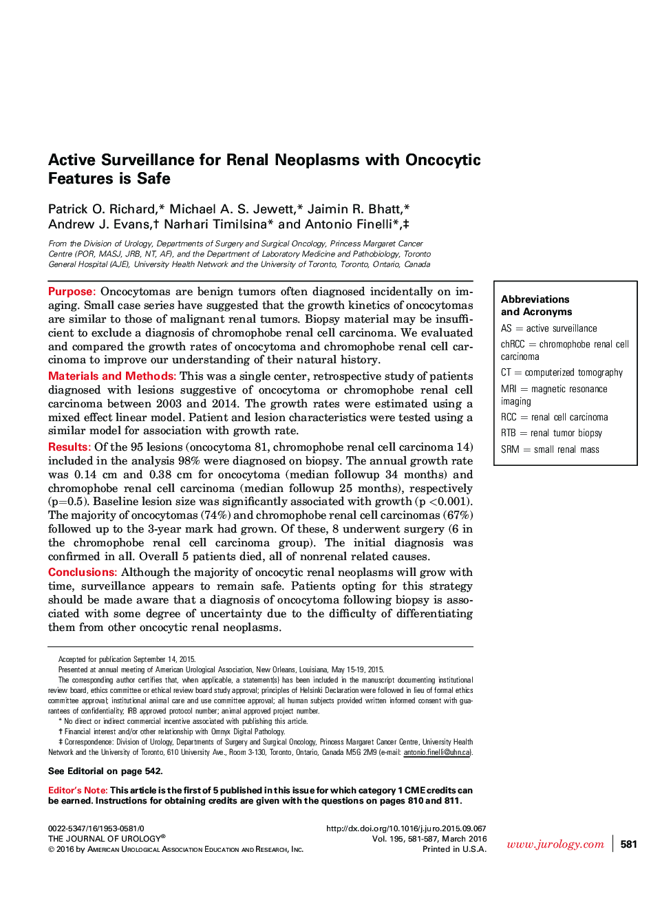 Active Surveillance for Renal Neoplasms with Oncocytic Features is Safe 