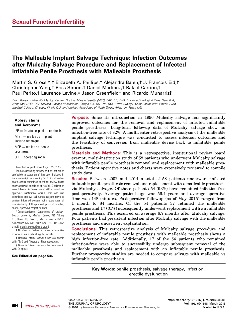 The Malleable Implant Salvage Technique: Infection Outcomes after Mulcahy Salvage Procedure and Replacement of Infected Inflatable Penile Prosthesis with Malleable Prosthesis 