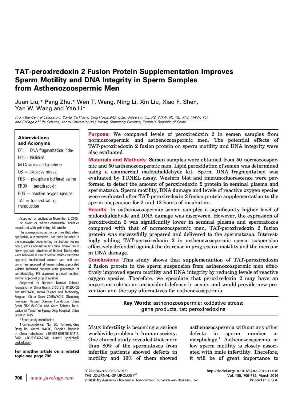 TAT-peroxiredoxin 2 Fusion Protein Supplementation Improves Sperm Motility and DNA Integrity in Sperm Samples from Asthenozoospermic Men 