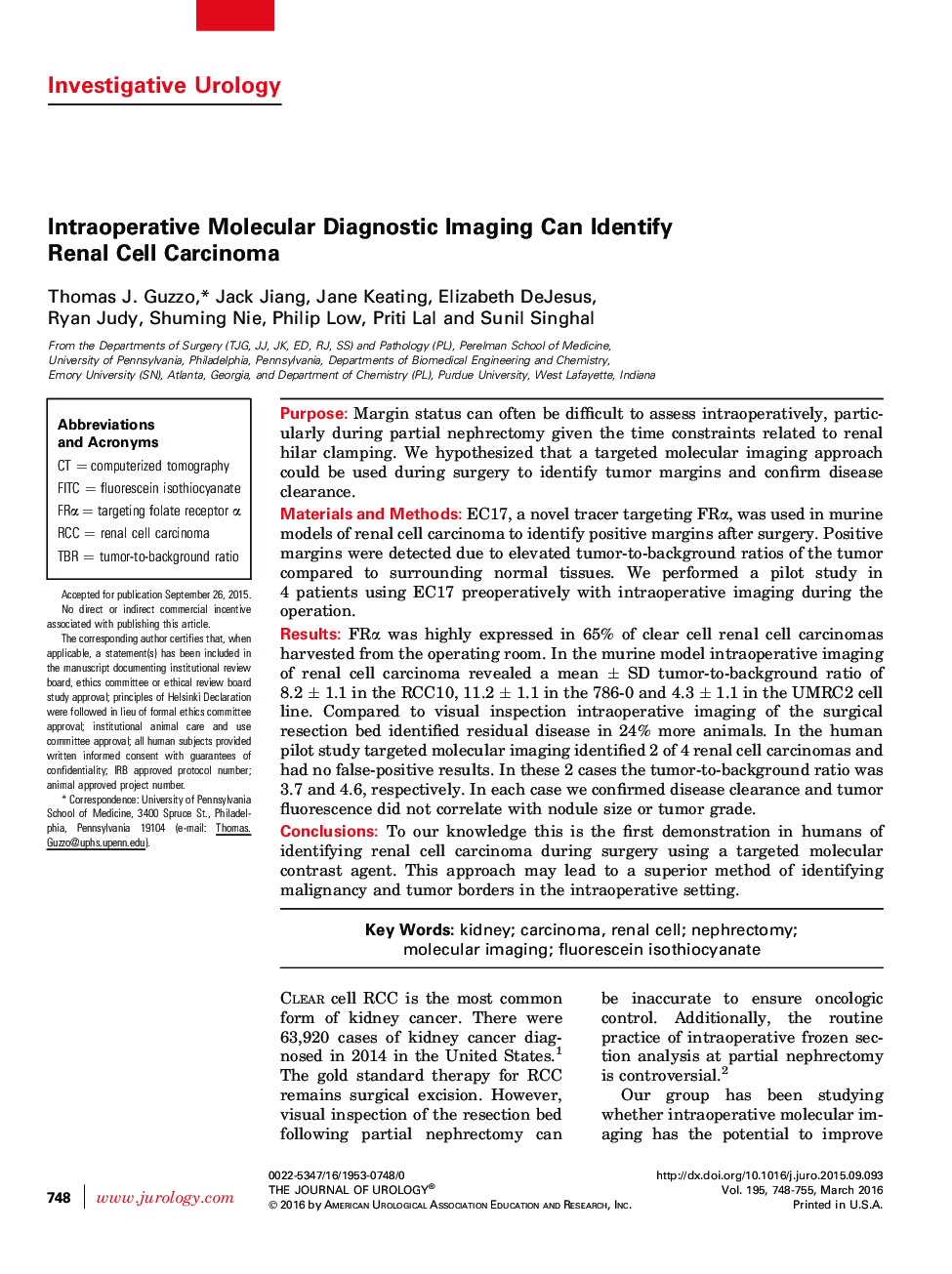 Intraoperative Molecular Diagnostic Imaging Can Identify Renal Cell Carcinoma 