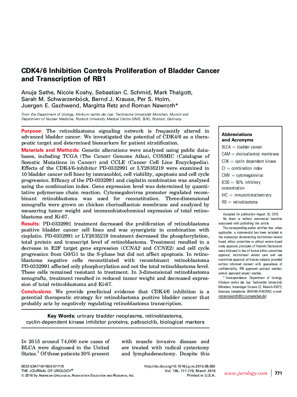 CDK4/6 Inhibition Controls Proliferation of Bladder Cancer and Transcription of RB1 