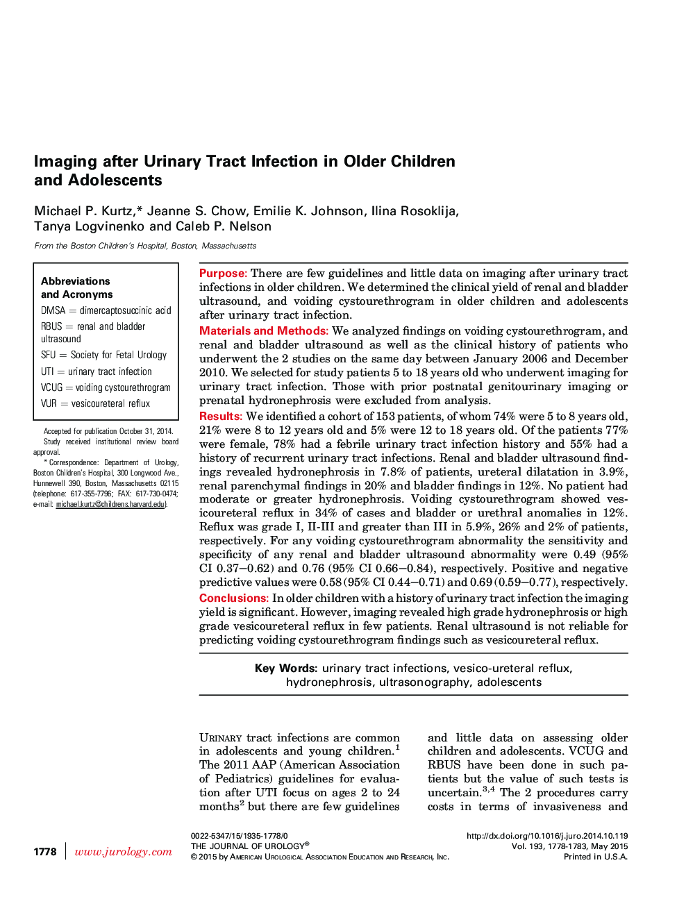 Imaging after Urinary Tract Infection in Older Children and Adolescents 