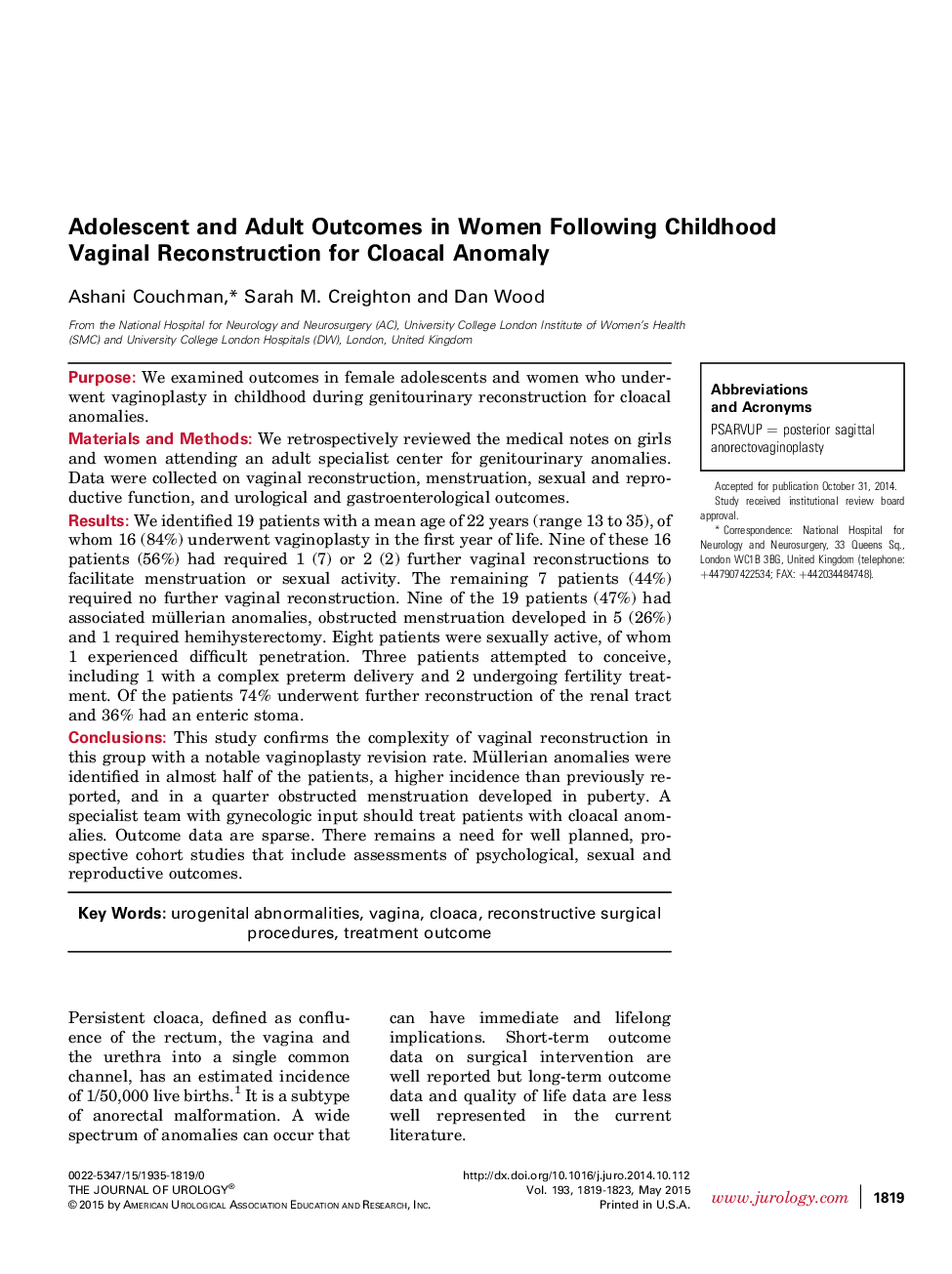 Adolescent and Adult Outcomes in Women Following Childhood Vaginal Reconstruction for Cloacal Anomaly 