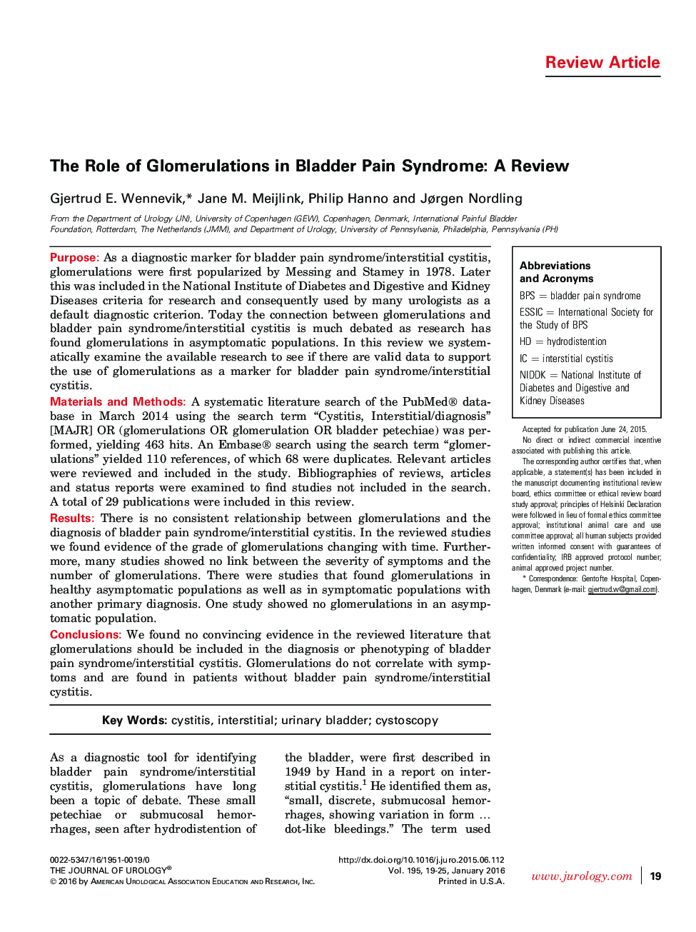 The Role of Glomerulations in Bladder Pain Syndrome: A Review
