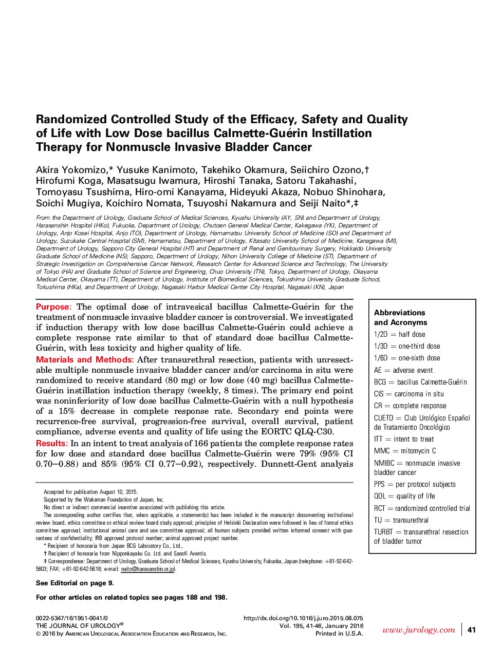 Randomized Controlled Study of the Efficacy, Safety and Quality of Life with Low Dose bacillus Calmette-Guérin Instillation Therapy for Nonmuscle Invasive Bladder Cancer 