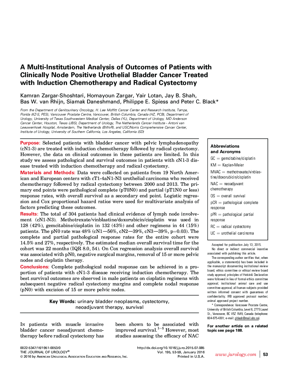 A Multi-Institutional Analysis of Outcomes of Patients with Clinically Node Positive Urothelial Bladder Cancer Treated with Induction Chemotherapy and Radical Cystectomy 