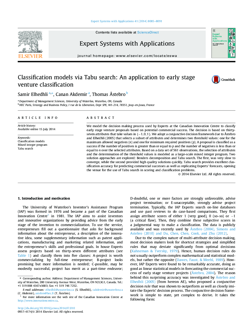 Classification models via Tabu search: An application to early stage venture classification