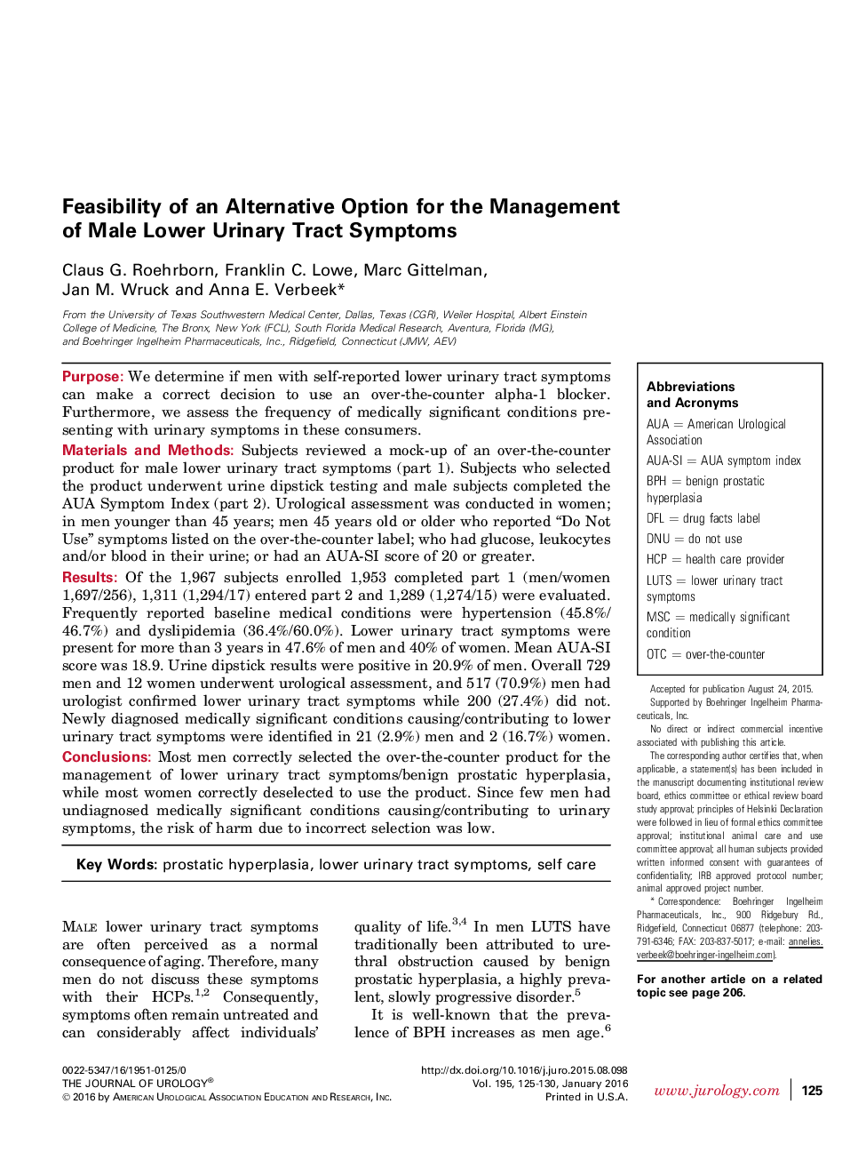 Feasibility of an Alternative Option for the Management of Male Lower Urinary Tract Symptoms 