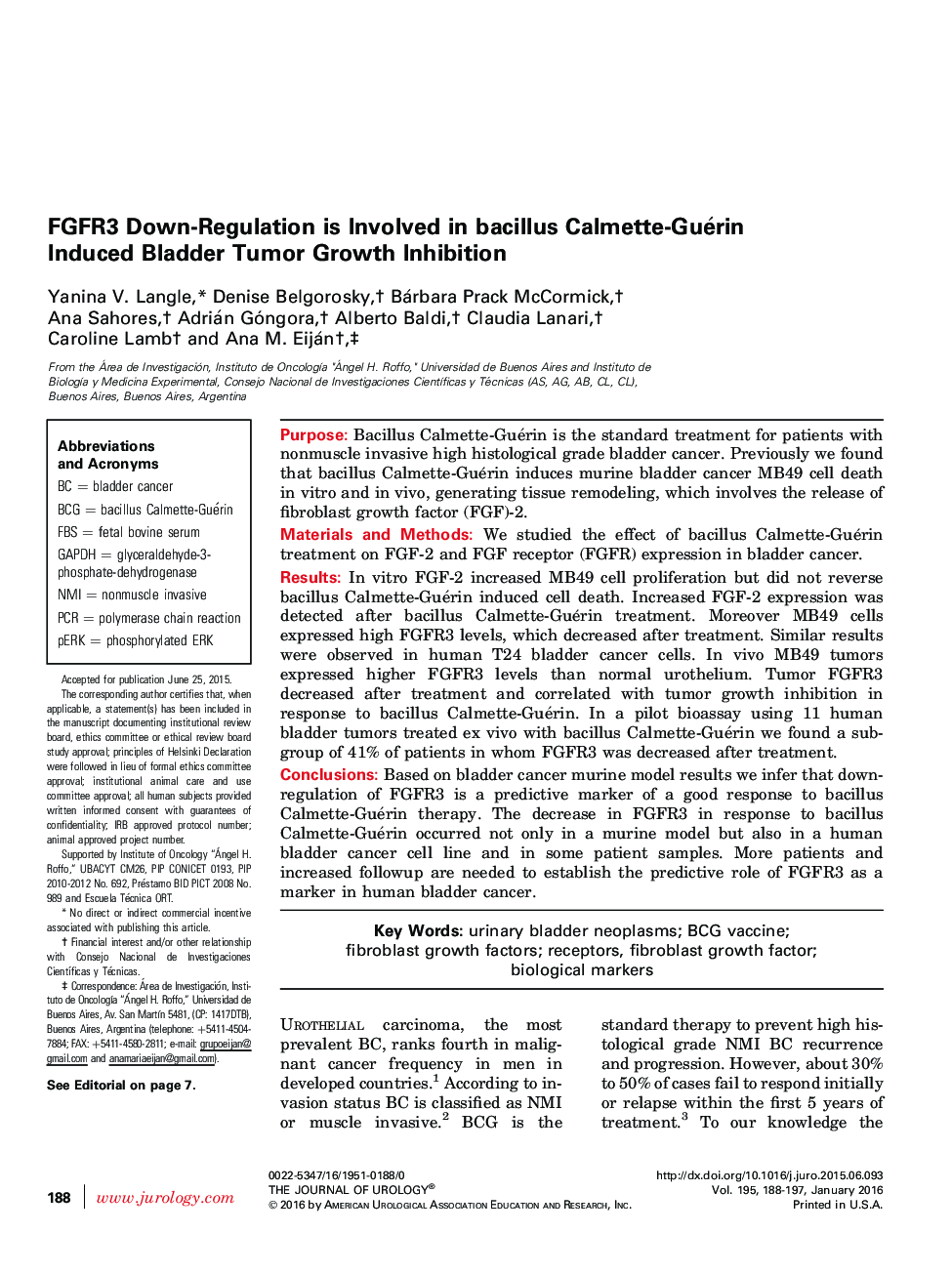 FGFR3 Down-Regulation is Involved in bacillus Calmette-Guérin Induced Bladder Tumor Growth Inhibition 