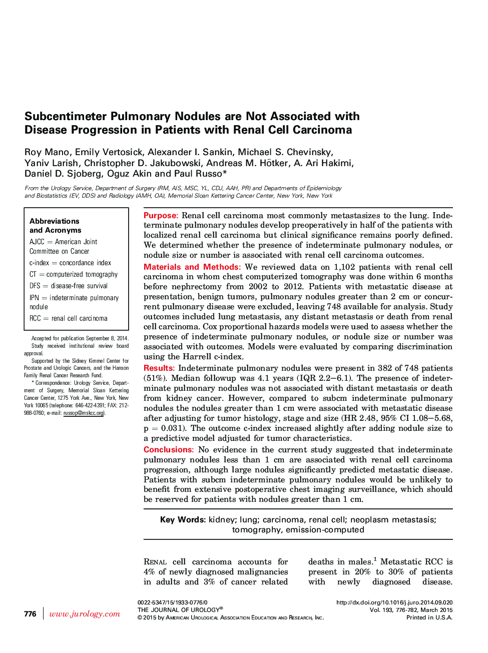 Subcentimeter Pulmonary Nodules are Not Associated with Disease Progression in Patients with Renal Cell Carcinoma 