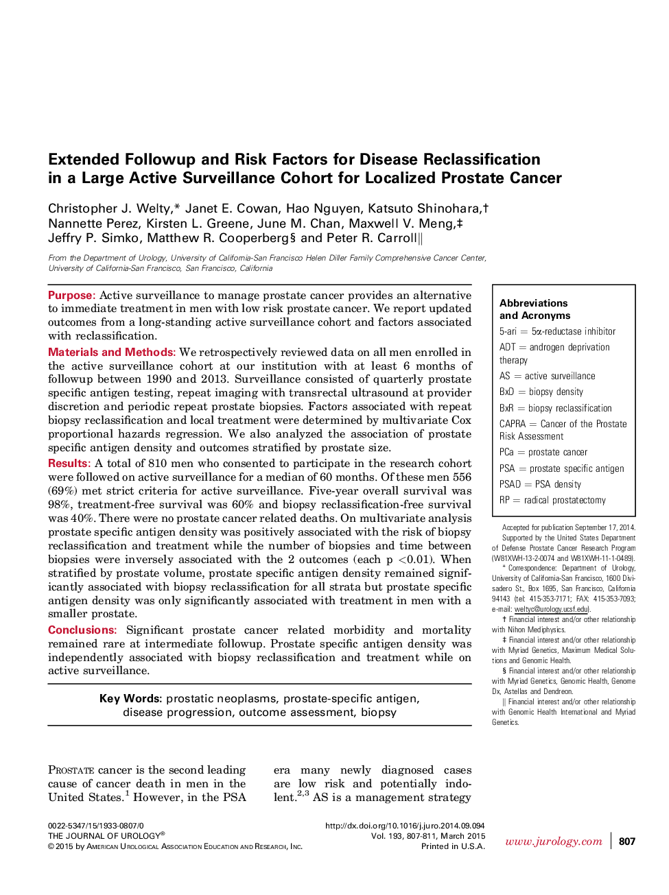 Extended Followup and Risk Factors for Disease Reclassification in a Large Active Surveillance Cohort for Localized Prostate Cancer 