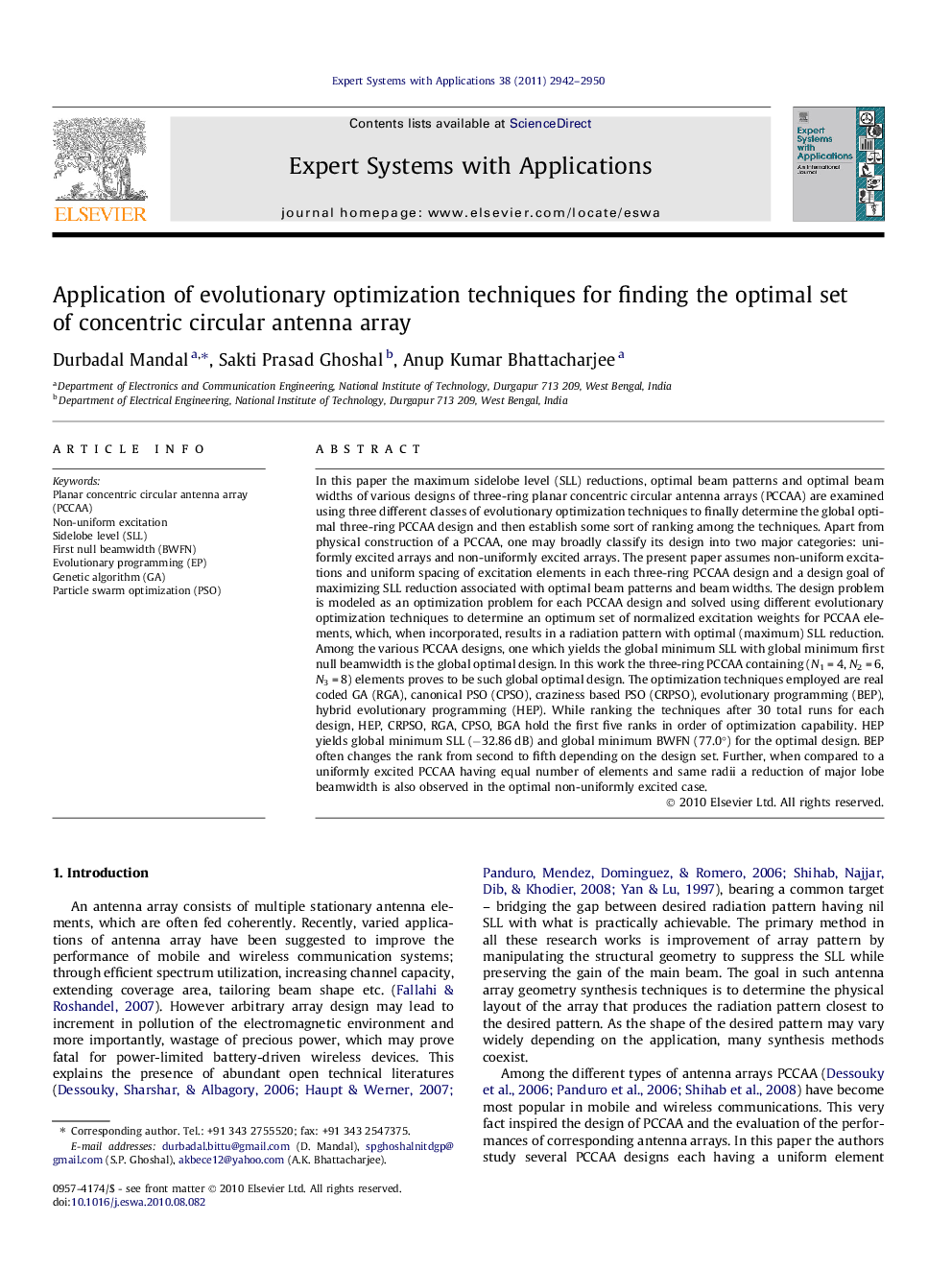 Application of evolutionary optimization techniques for finding the optimal set of concentric circular antenna array