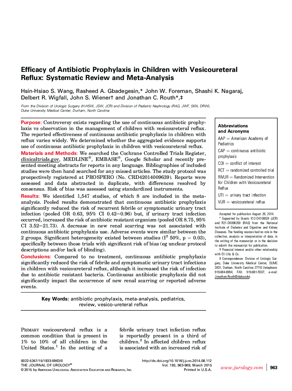 Efficacy of Antibiotic Prophylaxis in Children with Vesicoureteral Reflux: Systematic Review and Meta-Analysis