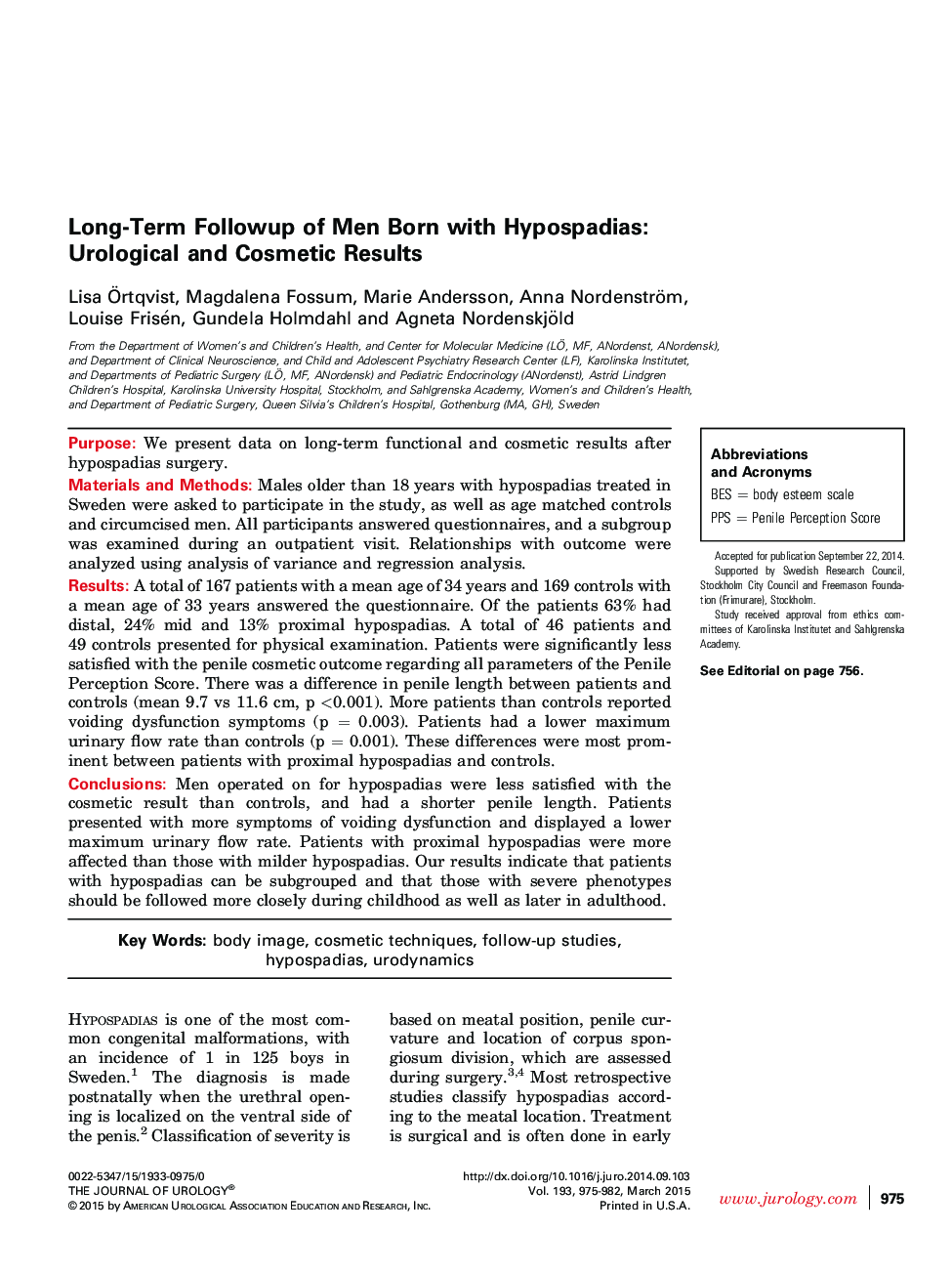 Long-Term Followup of Men Born with Hypospadias: Urological and Cosmetic Results 