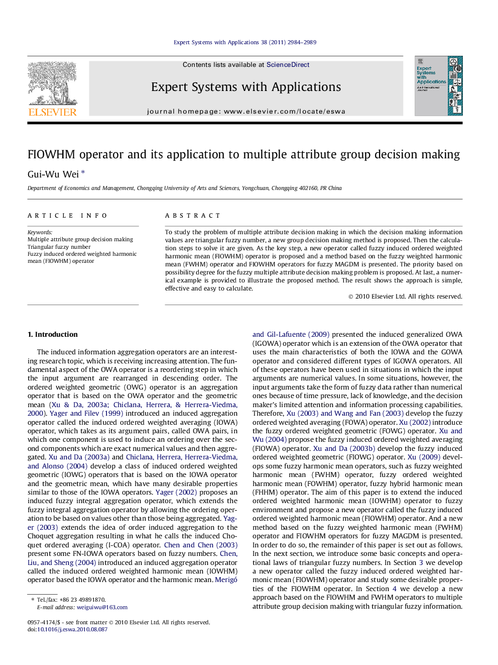 FIOWHM operator and its application to multiple attribute group decision making