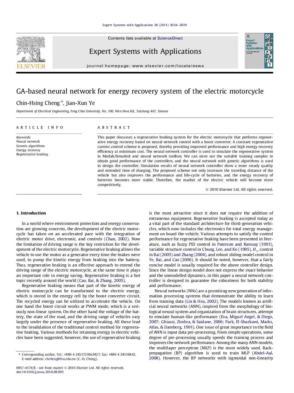 GA-based neural network for energy recovery system of the electric motorcycle