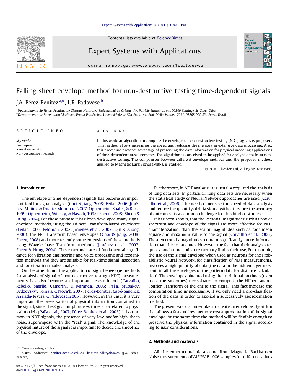 Falling sheet envelope method for non-destructive testing time-dependent signals