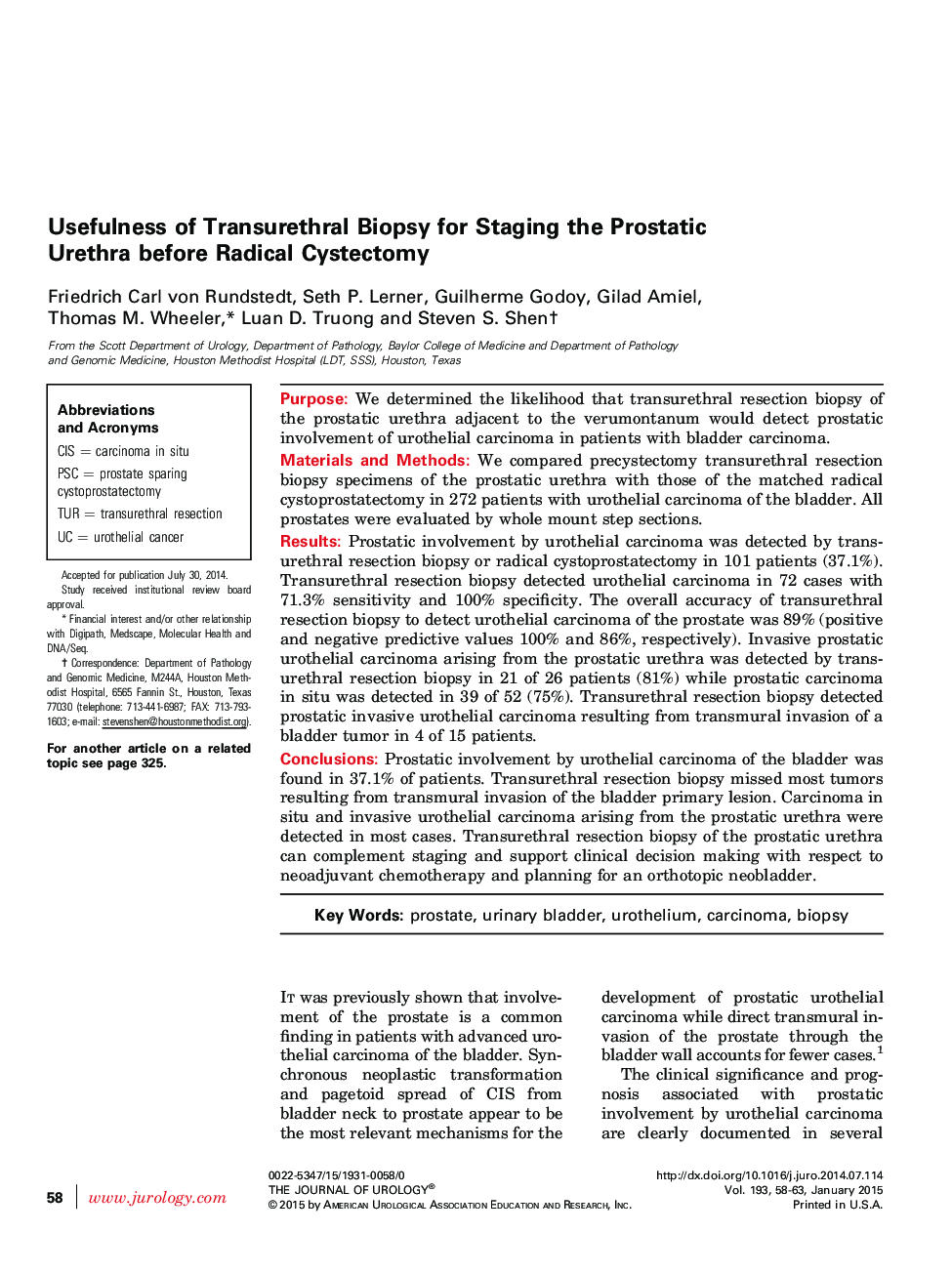 Usefulness of Transurethral Biopsy for Staging the Prostatic Urethra before Radical Cystectomy 