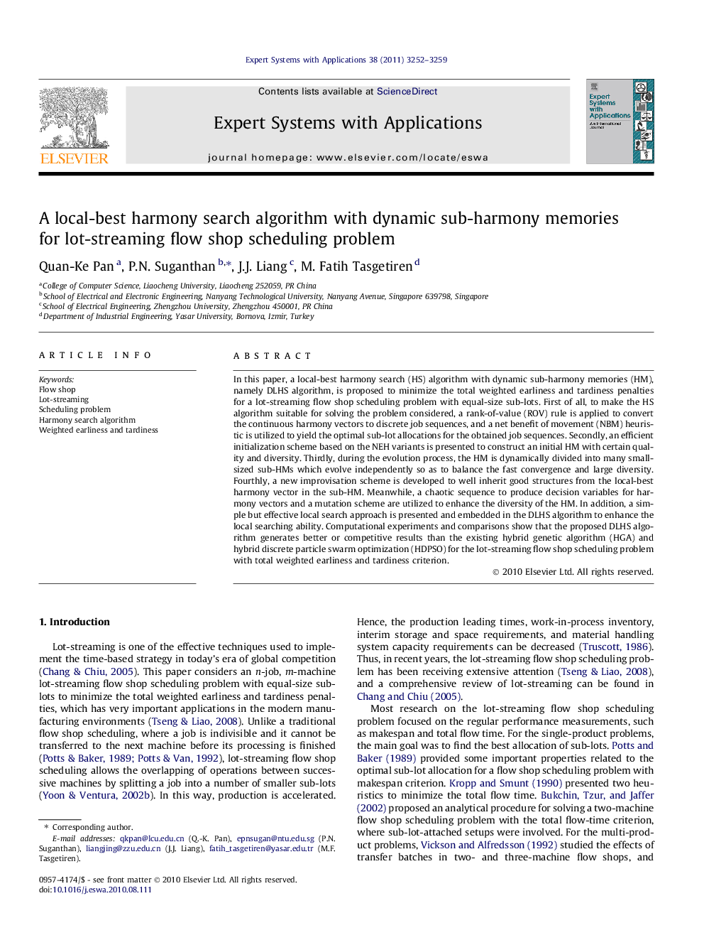 عکس صفحه اول مقاله: A local-best harmony search algorithm with dynamic sub-harmony memories for lot-streaming flow shop scheduling problem A local-best harmony search algorithm with dynamic sub-harmony memories for lot-streaming flow shop scheduling problem
