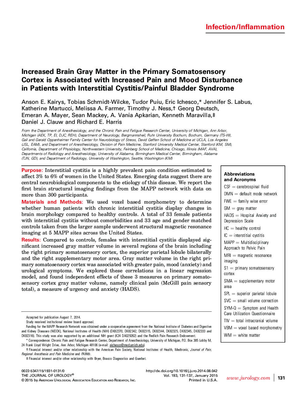 Increased Brain Gray Matter in the Primary Somatosensory Cortex is Associated with Increased Pain and Mood Disturbance in Patients with Interstitial Cystitis/Painful Bladder Syndrome 