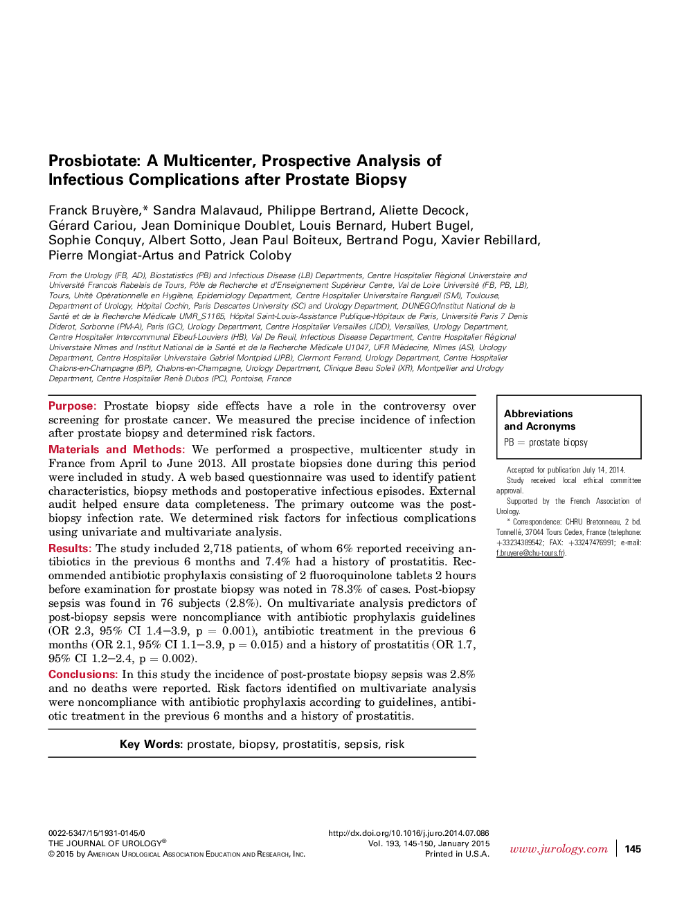 Prosbiotate: A Multicenter, Prospective Analysis of Infectious Complications after Prostate Biopsy 