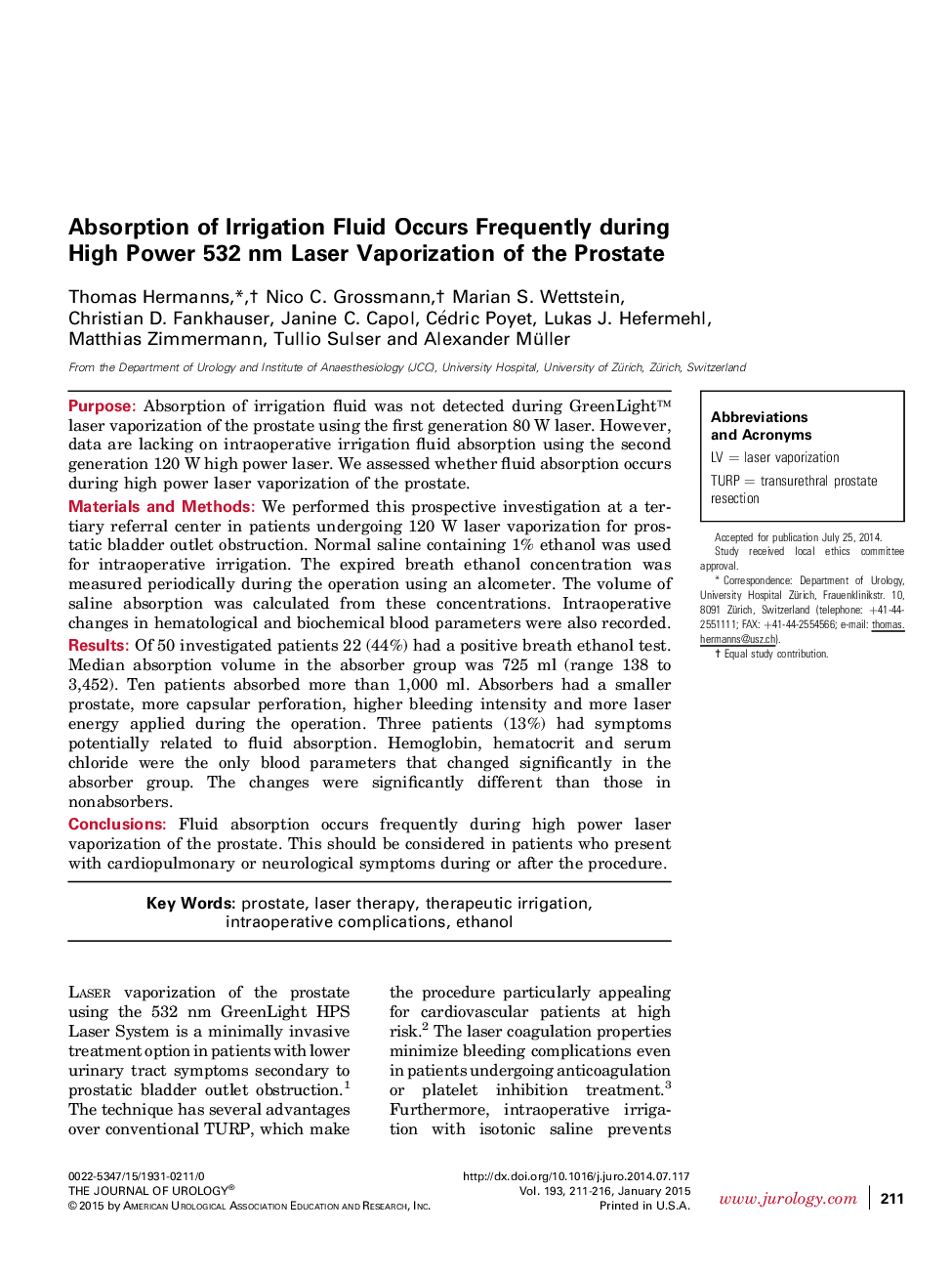 Absorption of Irrigation Fluid Occurs Frequently during High Power 532 nm Laser Vaporization of the Prostate 