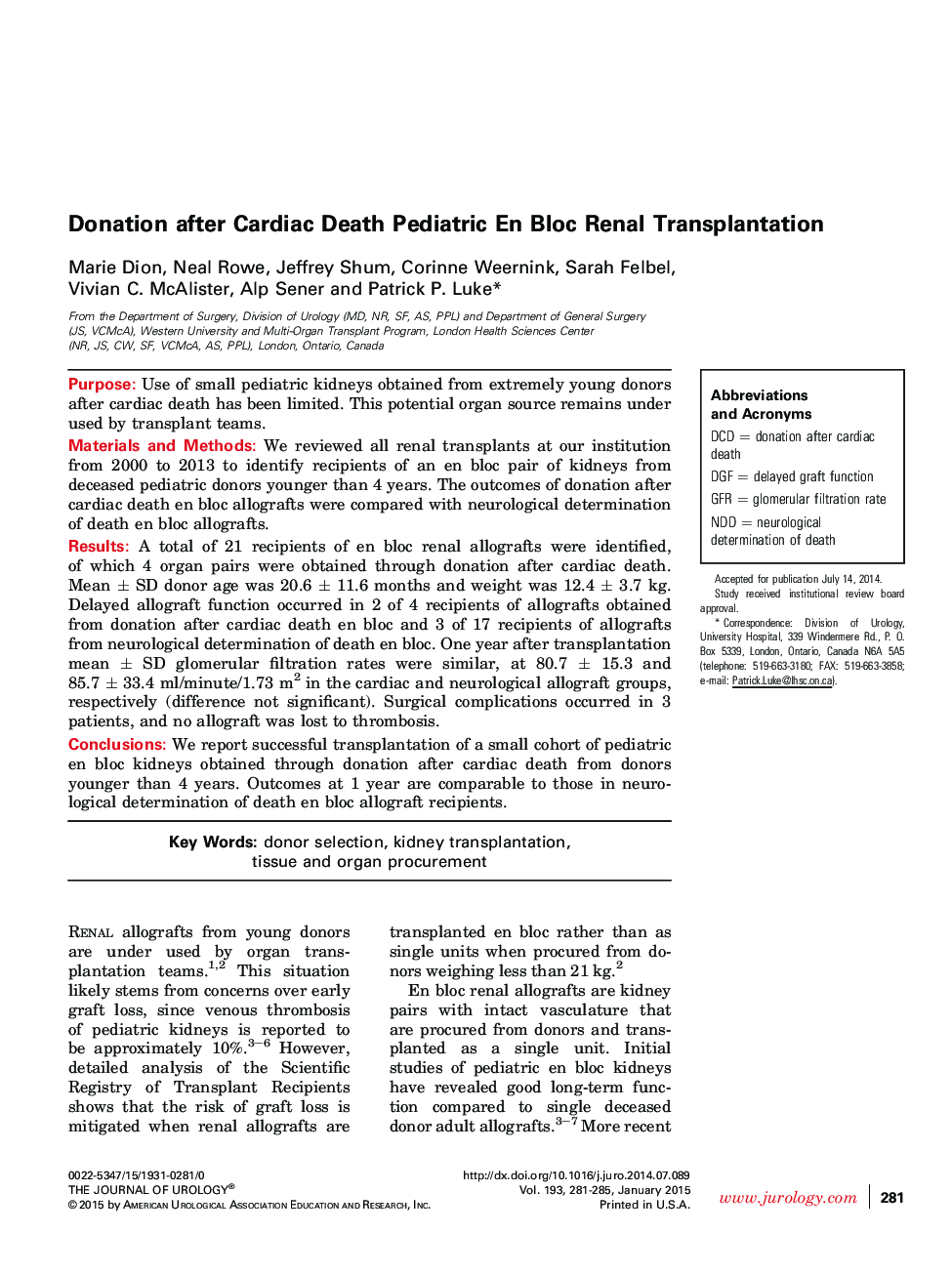 Donation after Cardiac Death Pediatric En Bloc Renal Transplantation 