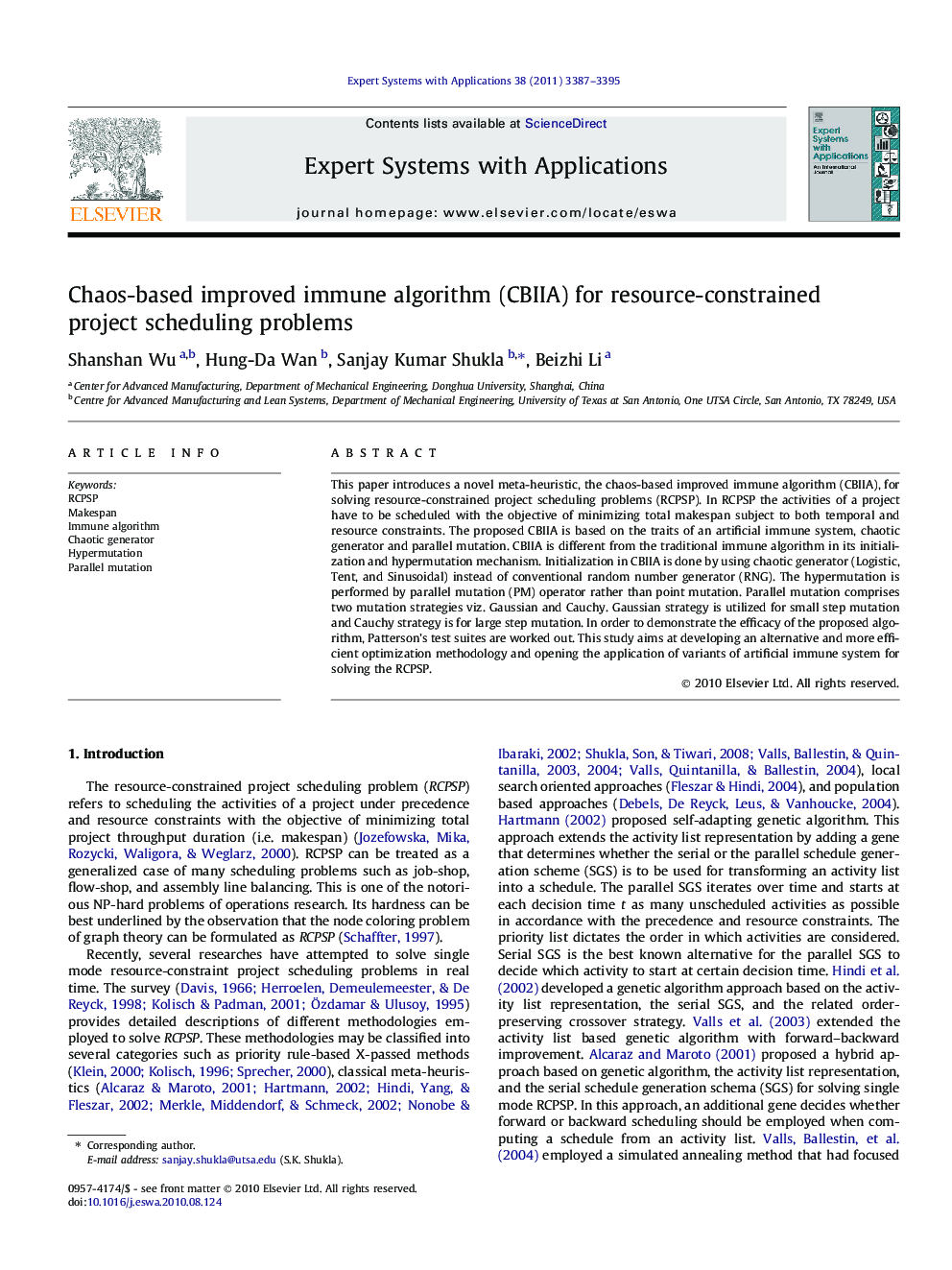 Chaos-based improved immune algorithm (CBIIA) for resource-constrained project scheduling problems