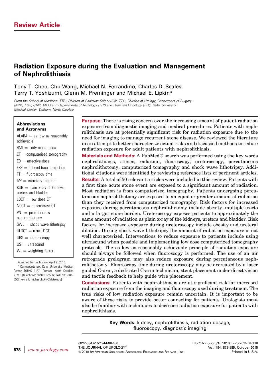 Radiation Exposure during the Evaluation and Management of Nephrolithiasis