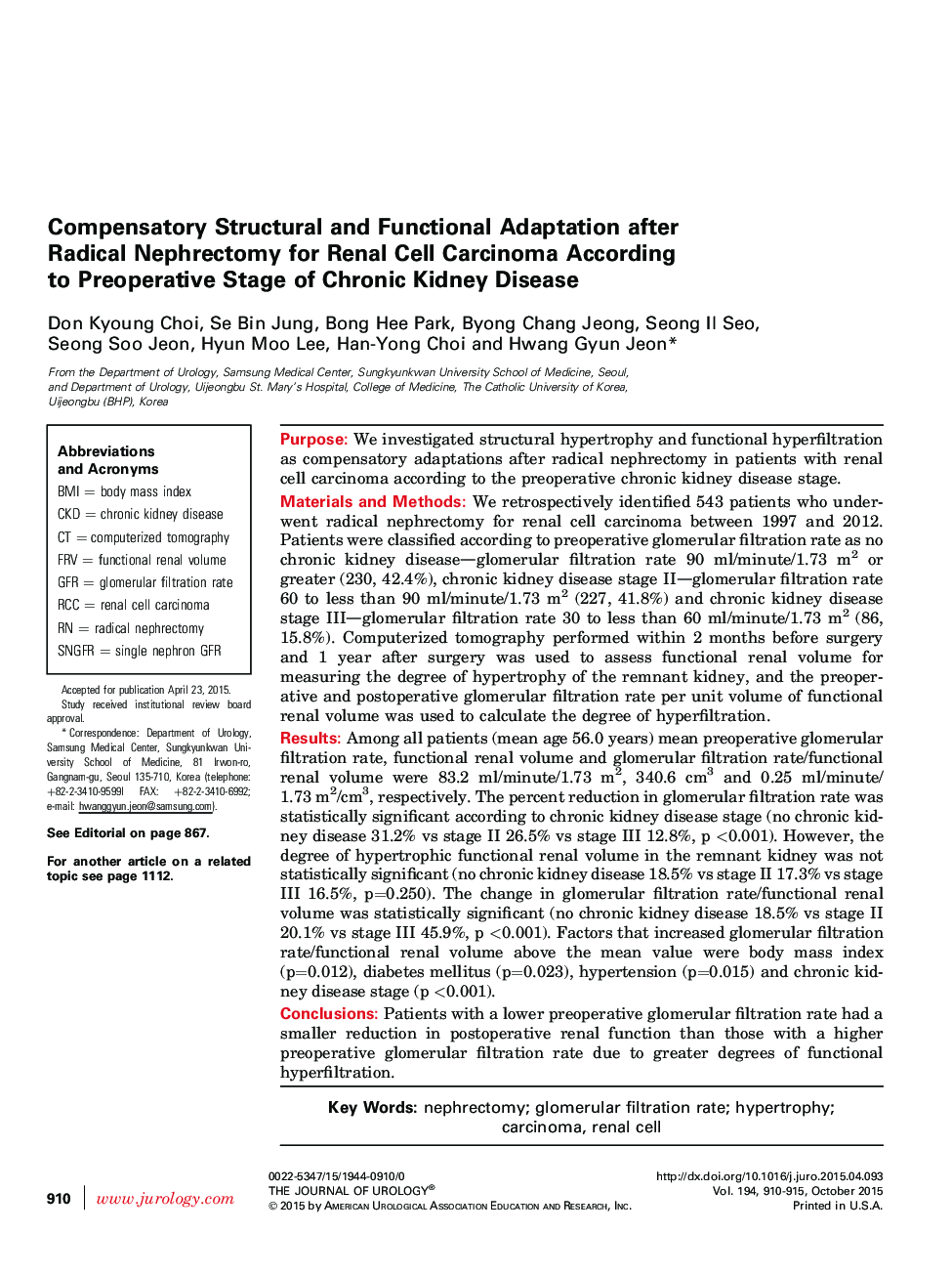 Compensatory Structural and Functional Adaptation after Radical Nephrectomy for Renal Cell Carcinoma According to Preoperative Stage of Chronic Kidney Disease 