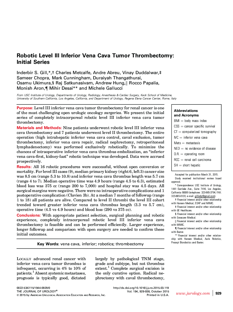 Robotic Level III Inferior Vena Cava Tumor Thrombectomy: Initial Series 