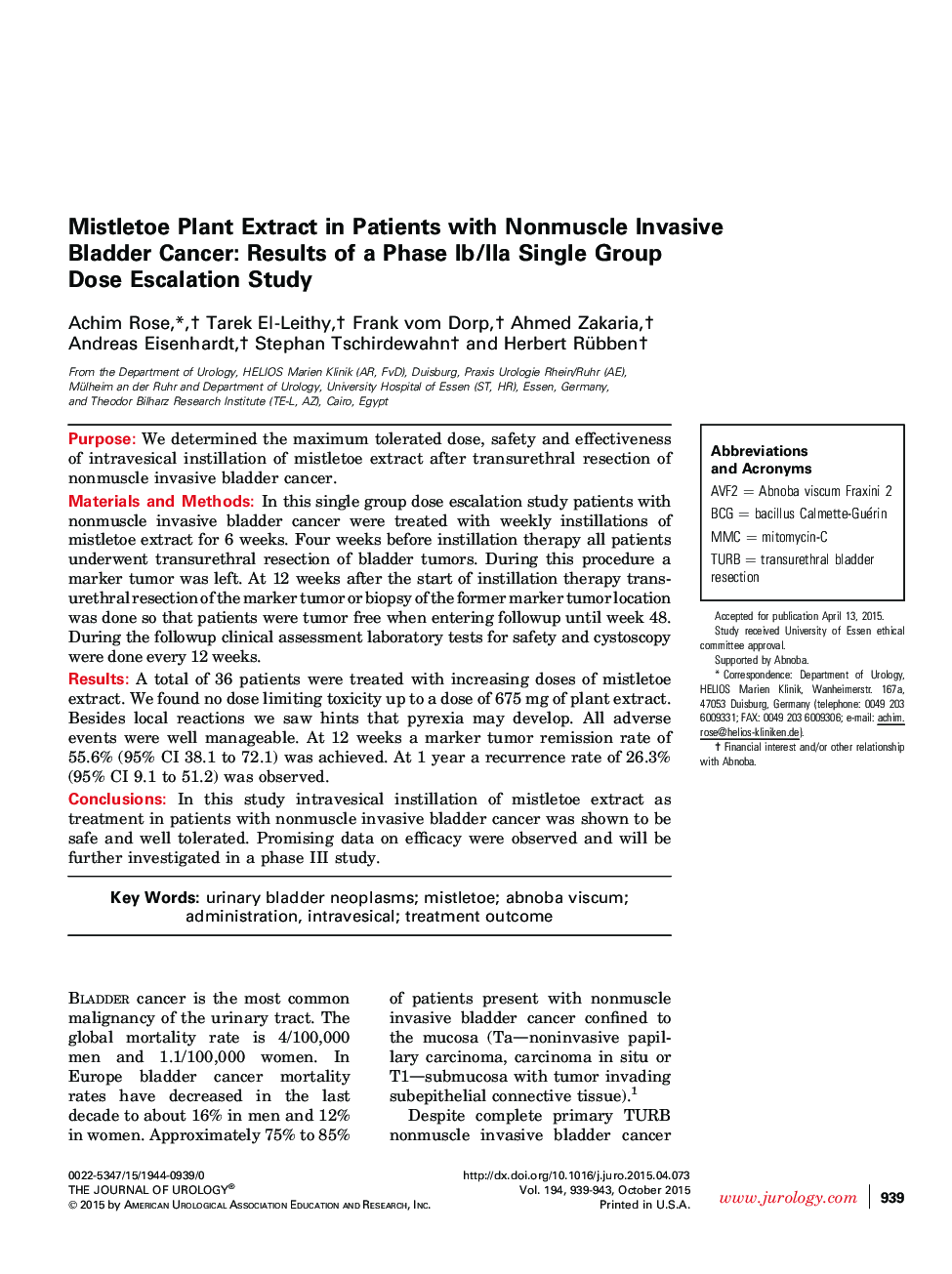 Mistletoe Plant Extract in Patients with Nonmuscle Invasive Bladder Cancer: Results of a Phase Ib/IIa Single Group Dose Escalation Study 