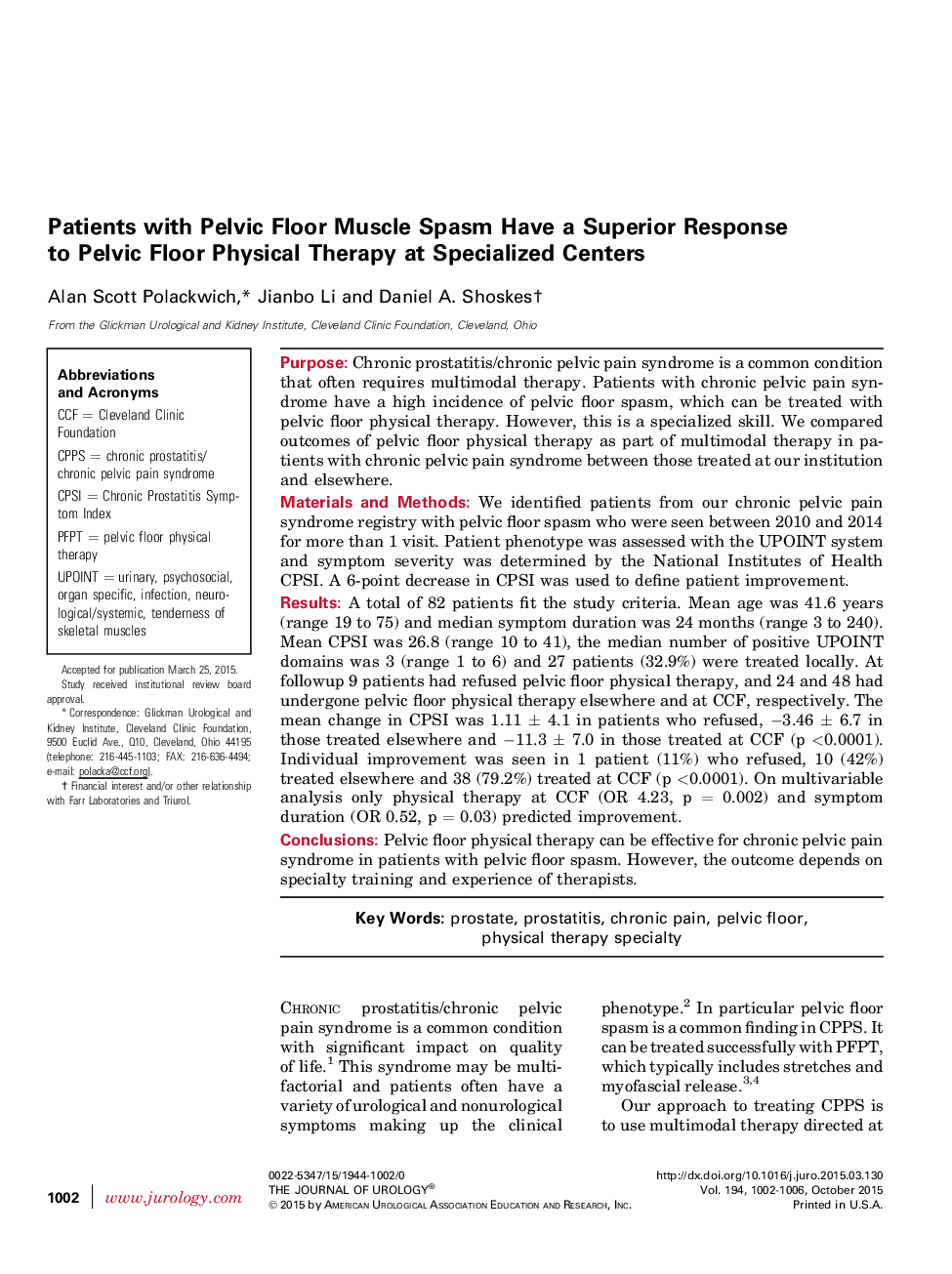 Patients with Pelvic Floor Muscle Spasm Have a Superior Response to Pelvic Floor Physical Therapy at Specialized Centers