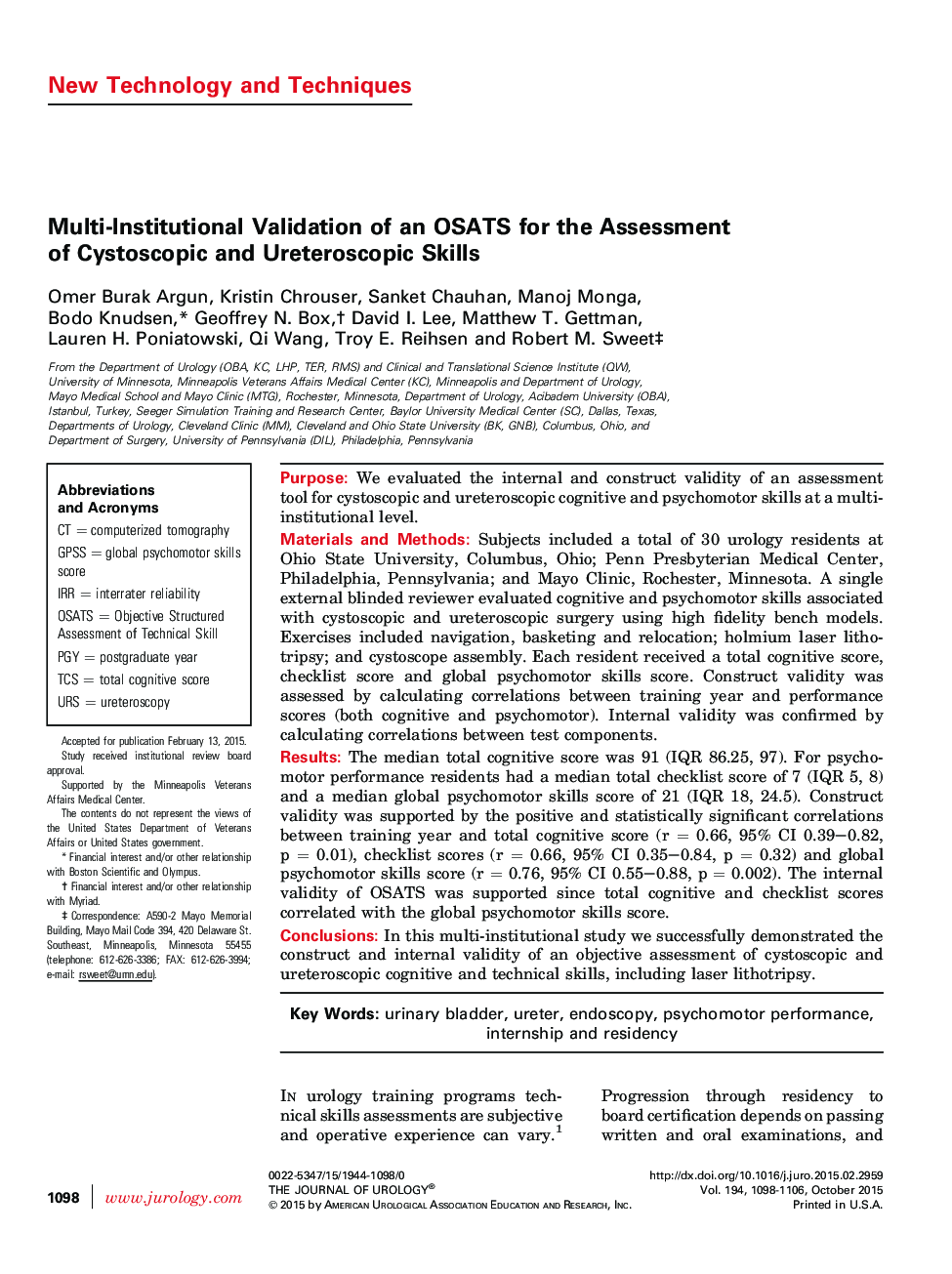 Multi-Institutional Validation of an OSATS for the Assessment of Cystoscopic and Ureteroscopic Skills 