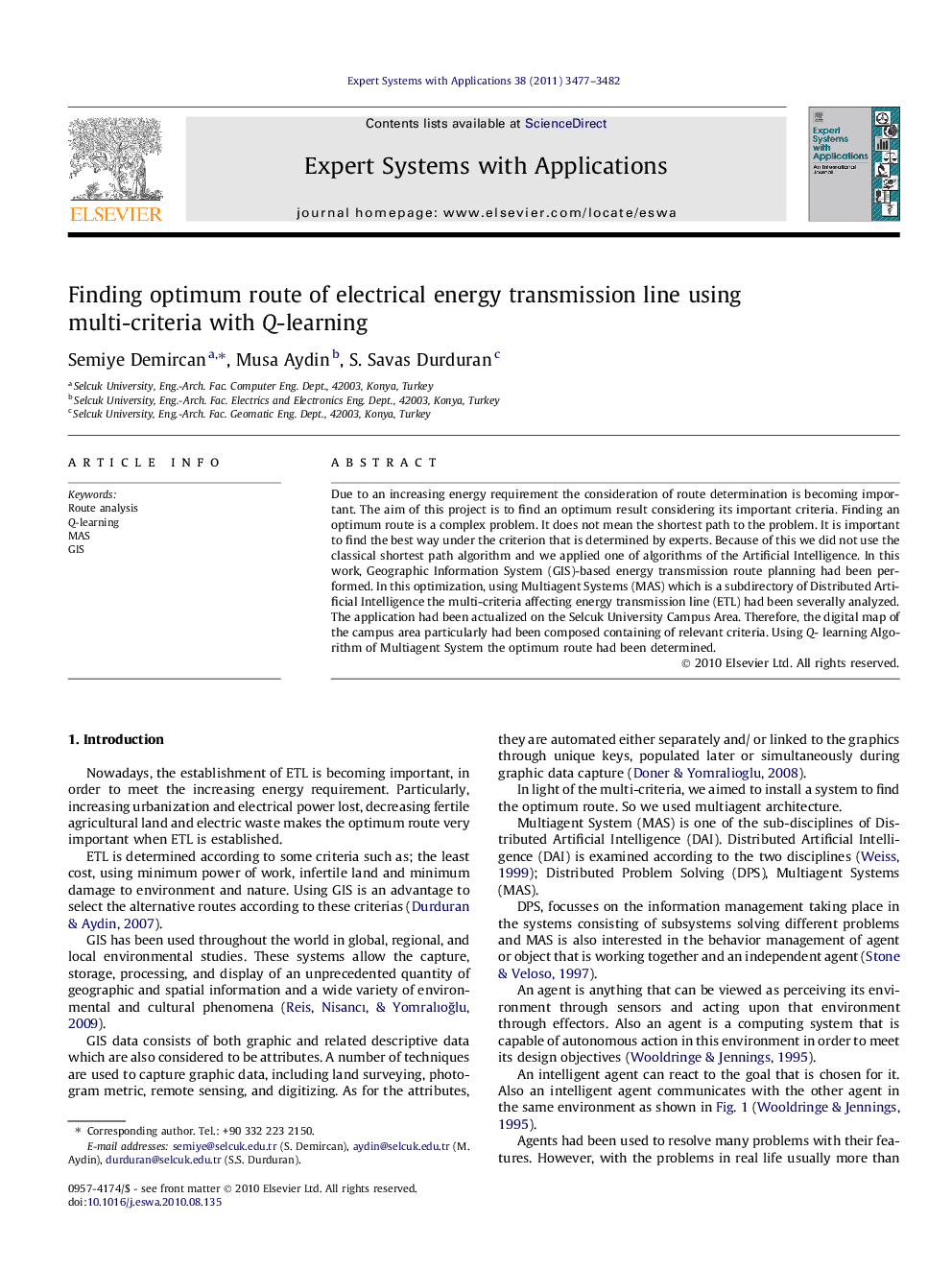 Finding optimum route of electrical energy transmission line using multi-criteria with Q-learning