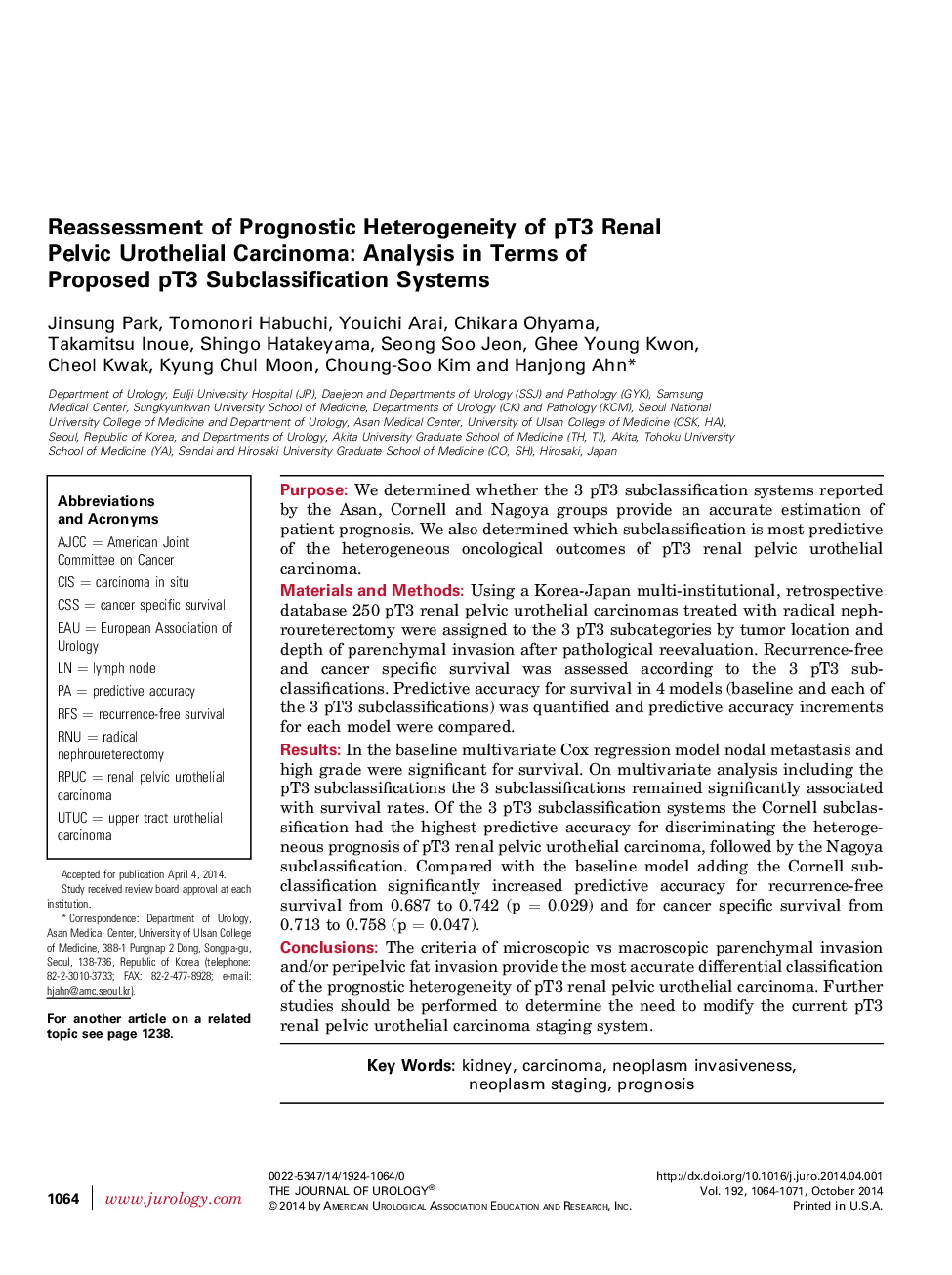 Reassessment of Prognostic Heterogeneity of pT3 Renal Pelvic Urothelial Carcinoma: Analysis in Terms of Proposed pT3 Subclassification Systems 