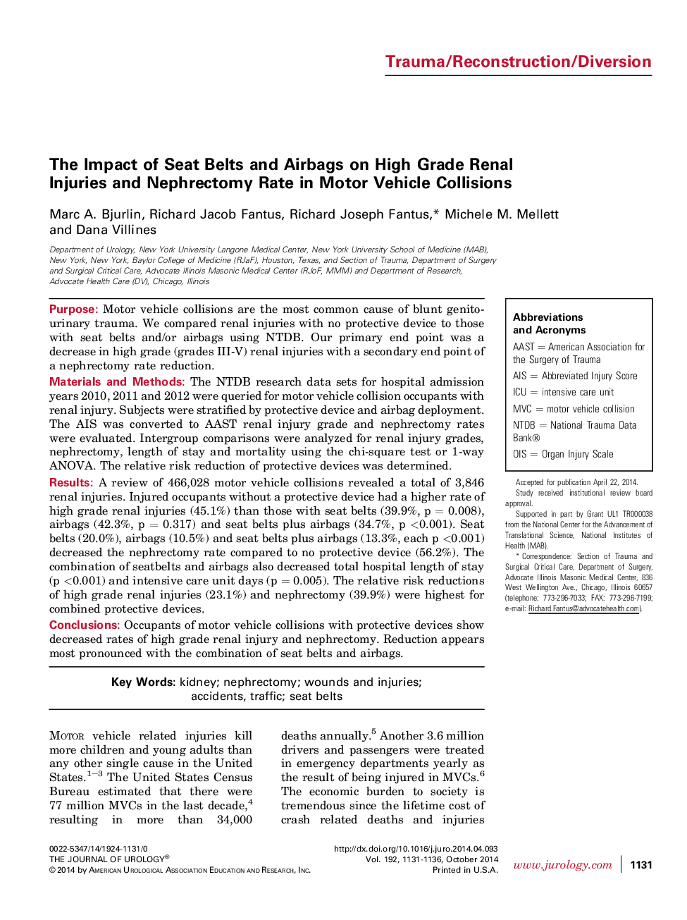 The Impact of Seat Belts and Airbags on High Grade Renal Injuries and Nephrectomy Rate in Motor Vehicle Collisions 