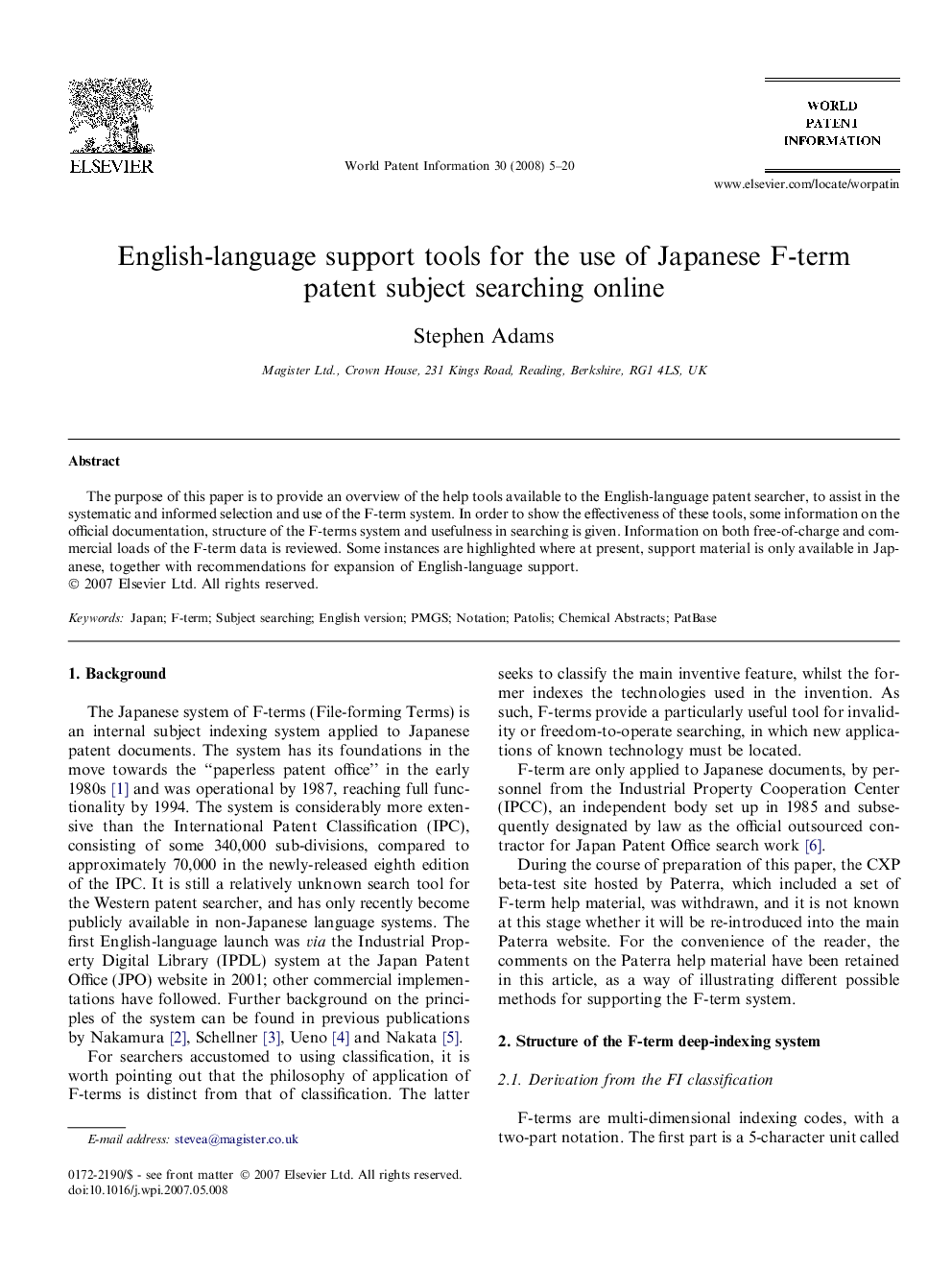 English-language support tools for the use of Japanese F-term patent subject searching online