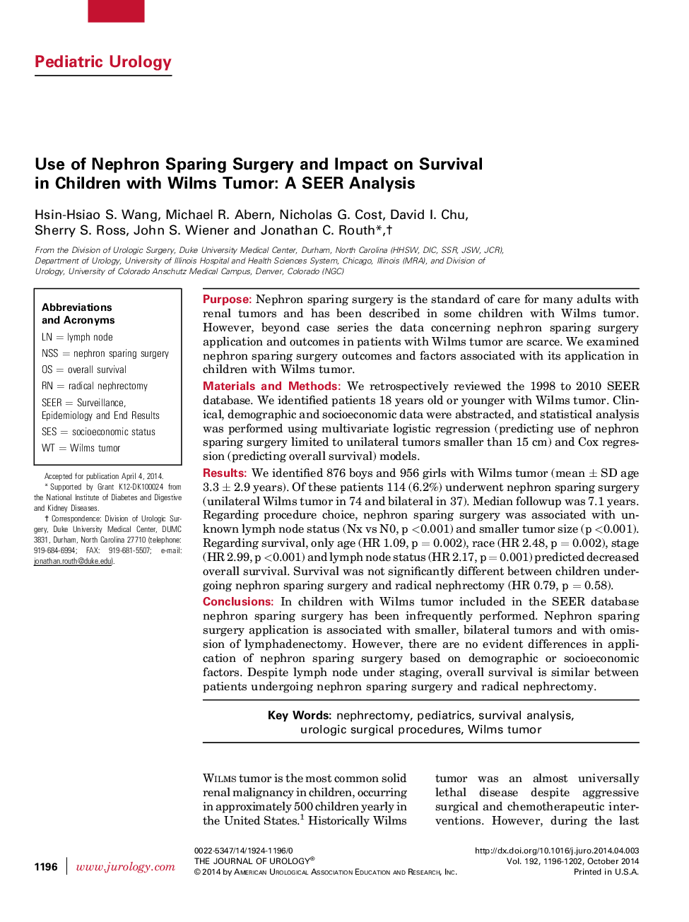 Use of Nephron Sparing Surgery and Impact on Survival in Children with Wilms Tumor: A SEER Analysis