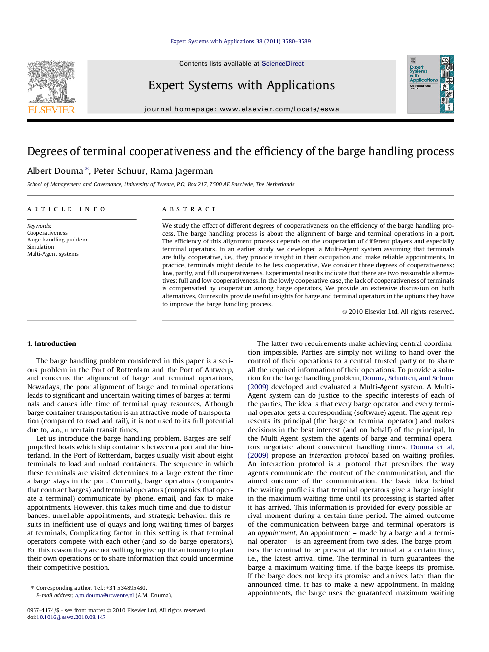 Degrees of terminal cooperativeness and the efficiency of the barge handling process