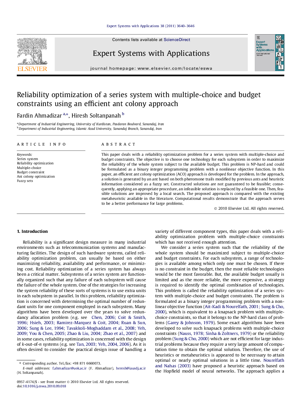 Reliability optimization of a series system with multiple-choice and budget constraints using an efficient ant colony approach