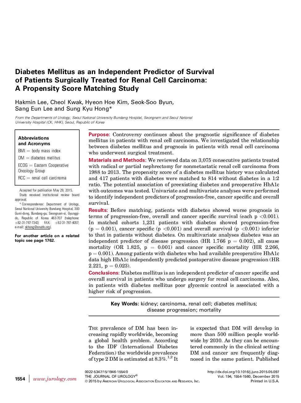 Diabetes Mellitus as an Independent Predictor of Survival of Patients Surgically Treated for Renal Cell Carcinoma: A Propensity Score Matching Study 