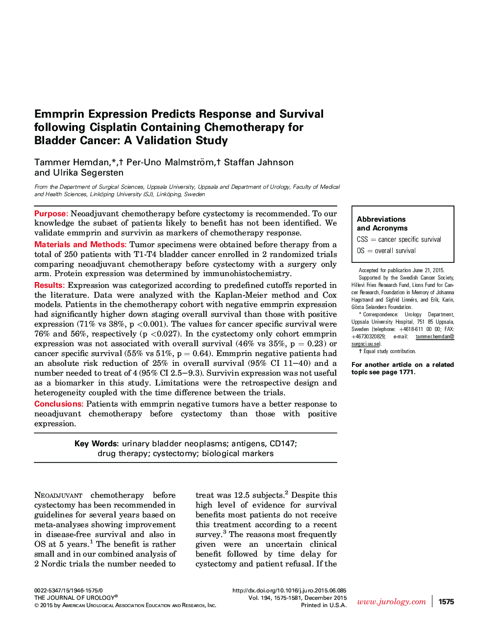 Emmprin Expression Predicts Response and Survival following Cisplatin Containing Chemotherapy for Bladder Cancer: A Validation Study 