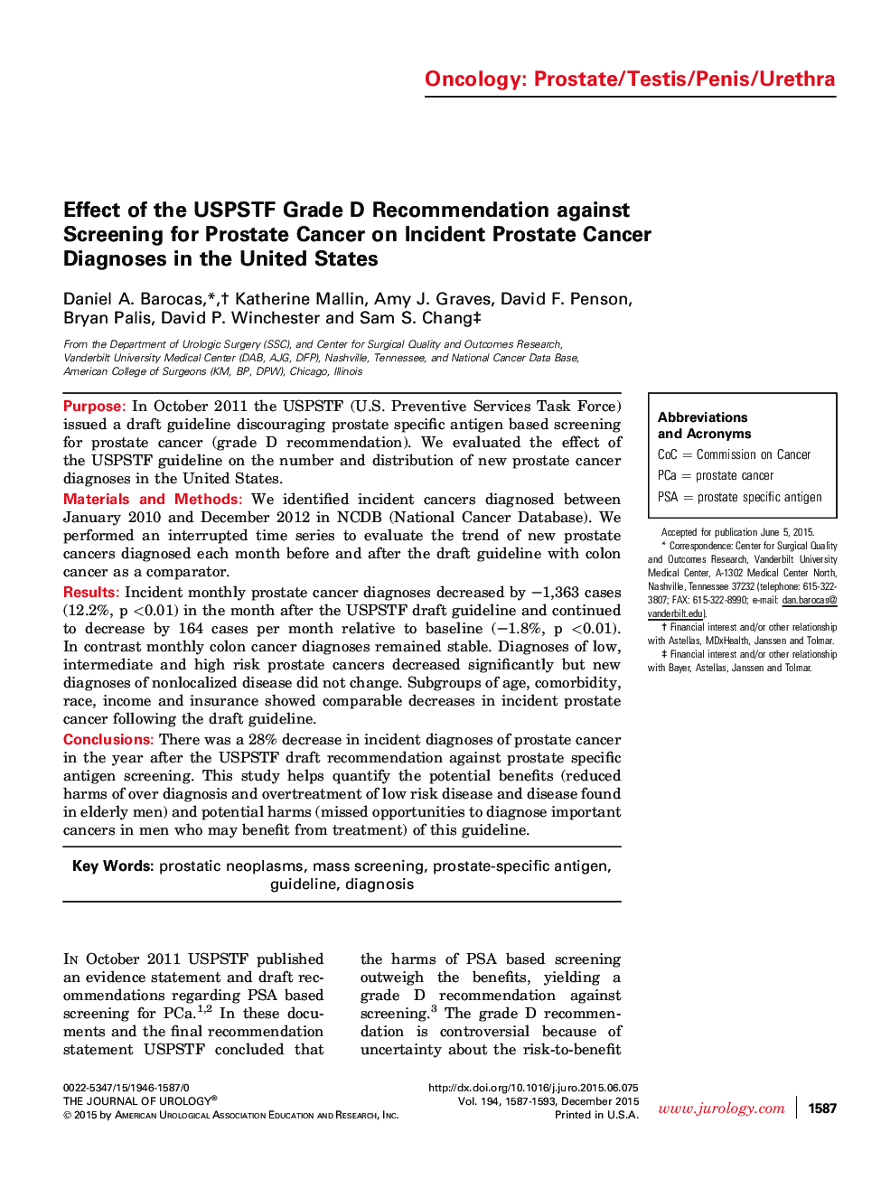 Effect of the USPSTF Grade D Recommendation against Screening for Prostate Cancer on Incident Prostate Cancer Diagnoses in the United States