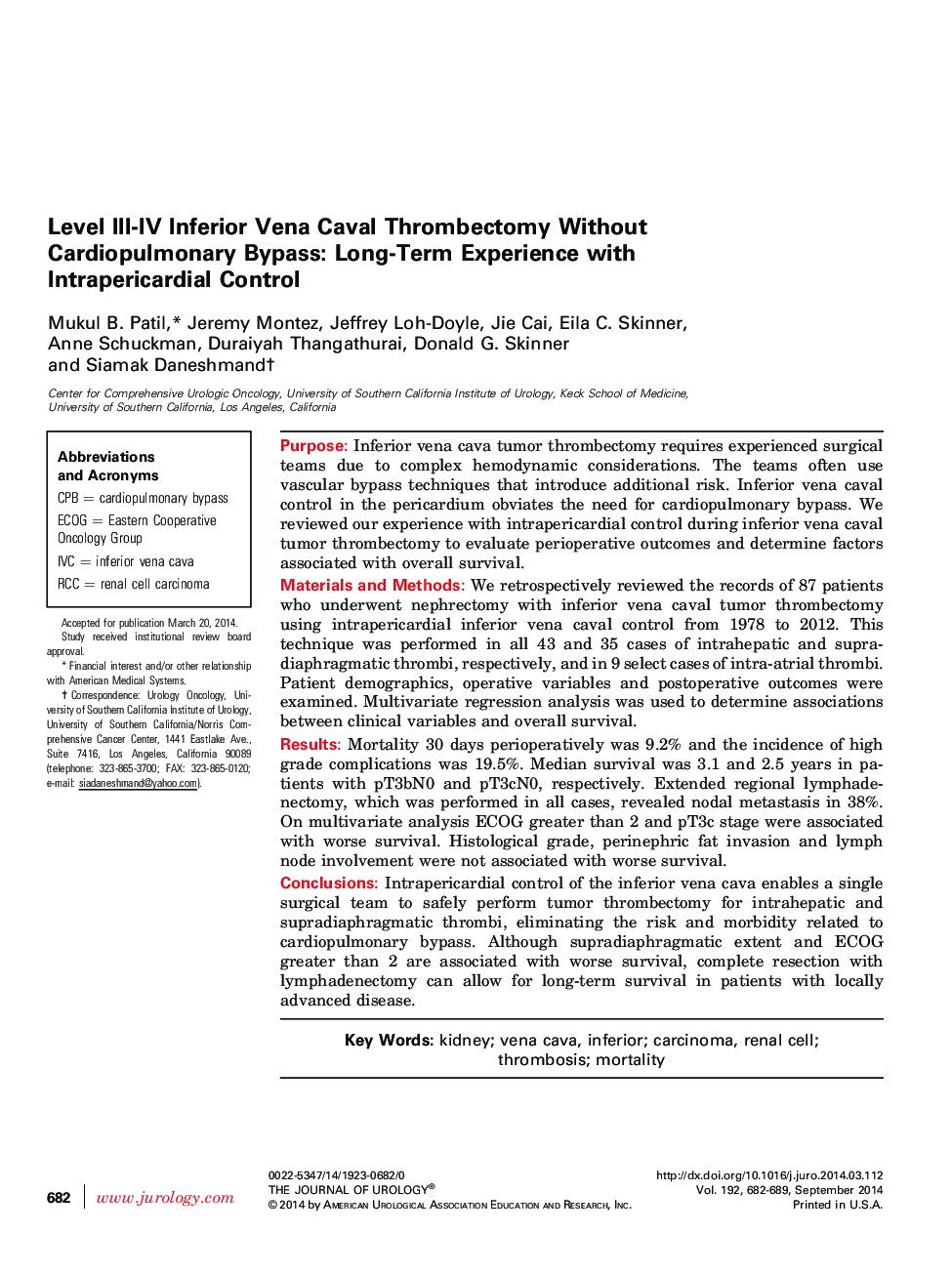 Level III-IV Inferior Vena Caval Thrombectomy Without Cardiopulmonary Bypass: Long-Term Experience with Intrapericardial Control