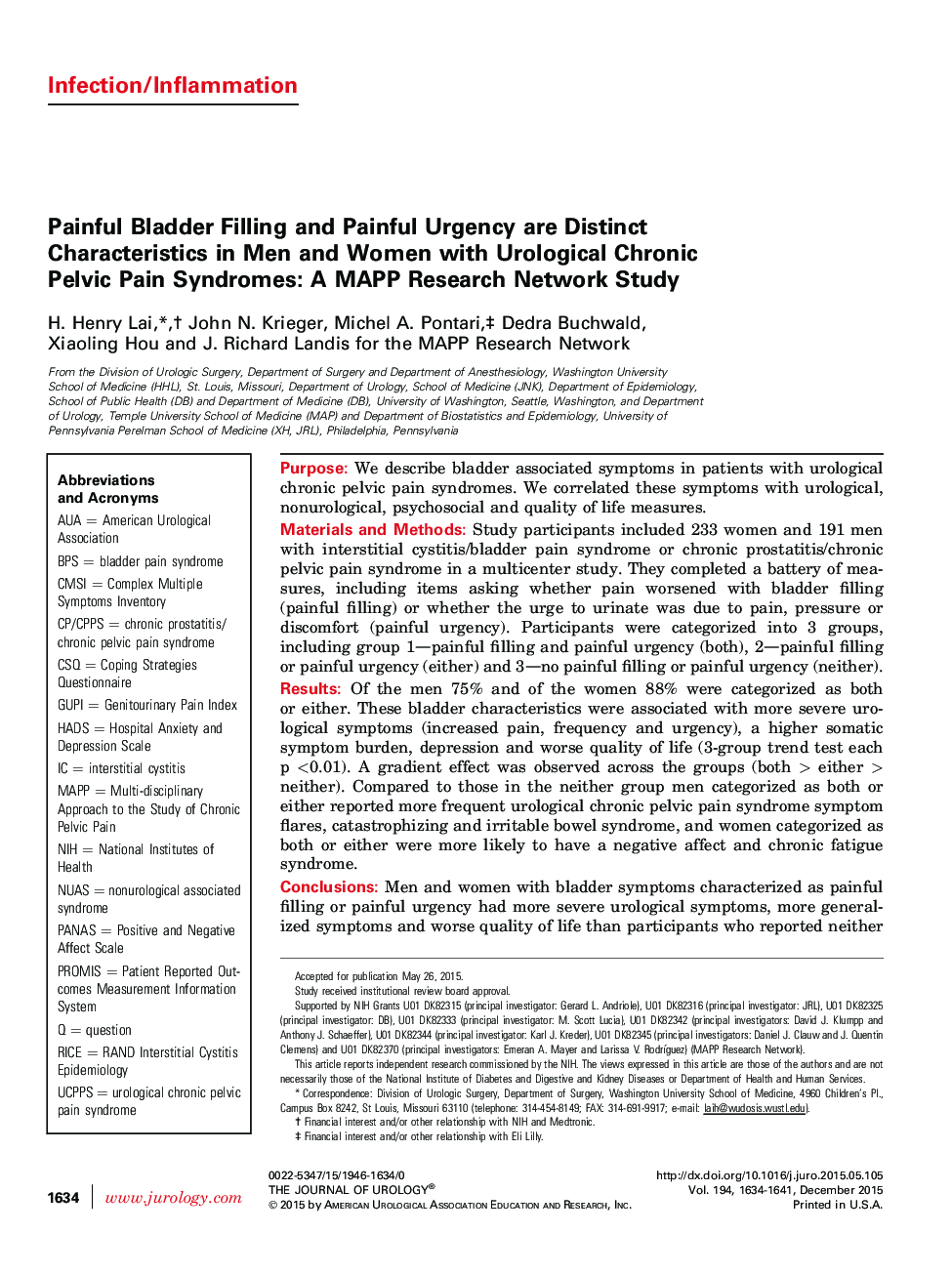 Painful Bladder Filling and Painful Urgency are Distinct Characteristics in Men and Women with Urological Chronic Pelvic Pain Syndromes: A MAPP Research Network Study