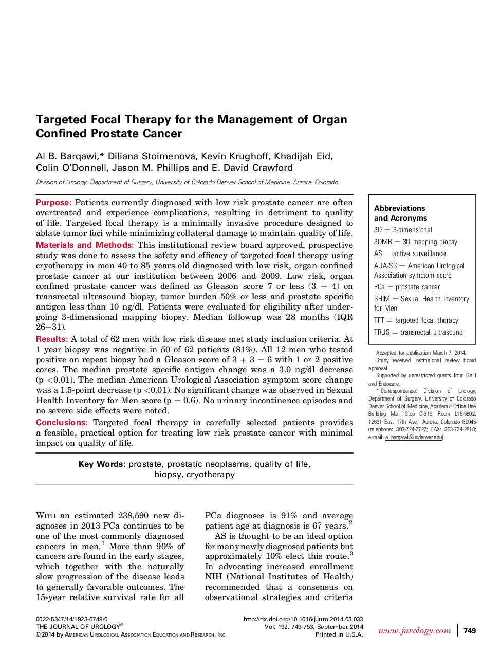 Targeted Focal Therapy for the Management of Organ Confined Prostate Cancer 